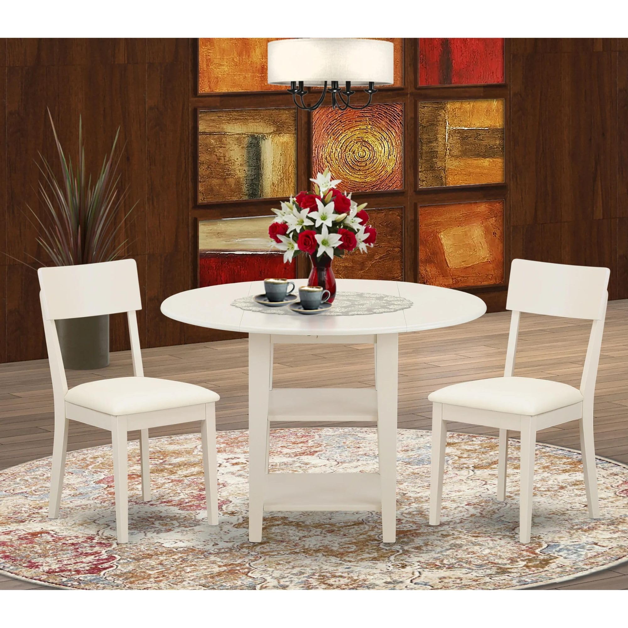 East West Furniture SUAD3-LWH-LC 3 Piece Dining Set Contains a Round Dining Room Table with Dropleaf & Shelves and 2 Faux Leather Upholstered Chairs, 42x42 Inch, Linen White