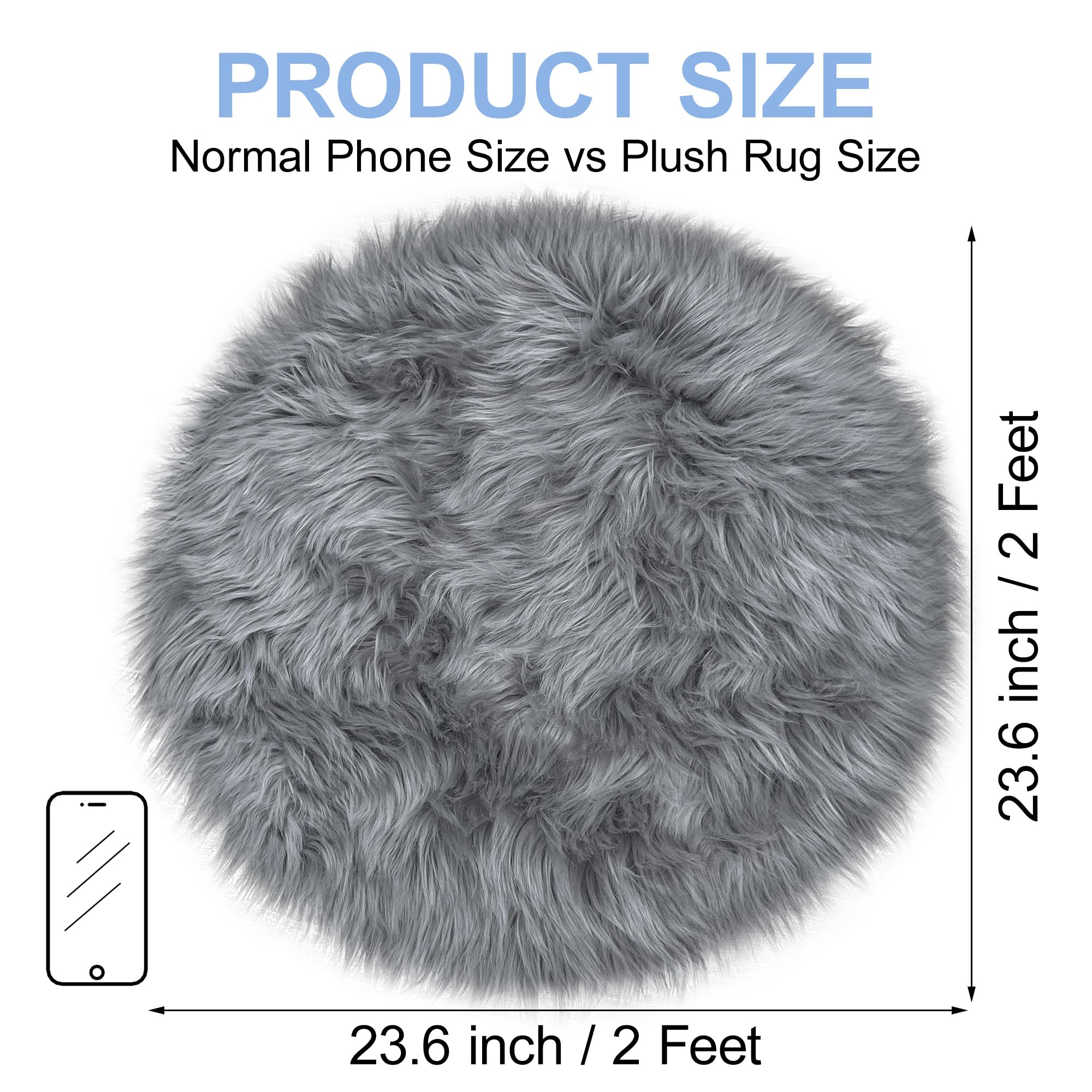 Tennola Grey Round Rugs For Bedroom, Fluffy Circle Rug 2 2 Feet For Kids Room, Furry Carpet For Teen Girls Room, Non-Slip Shaggy