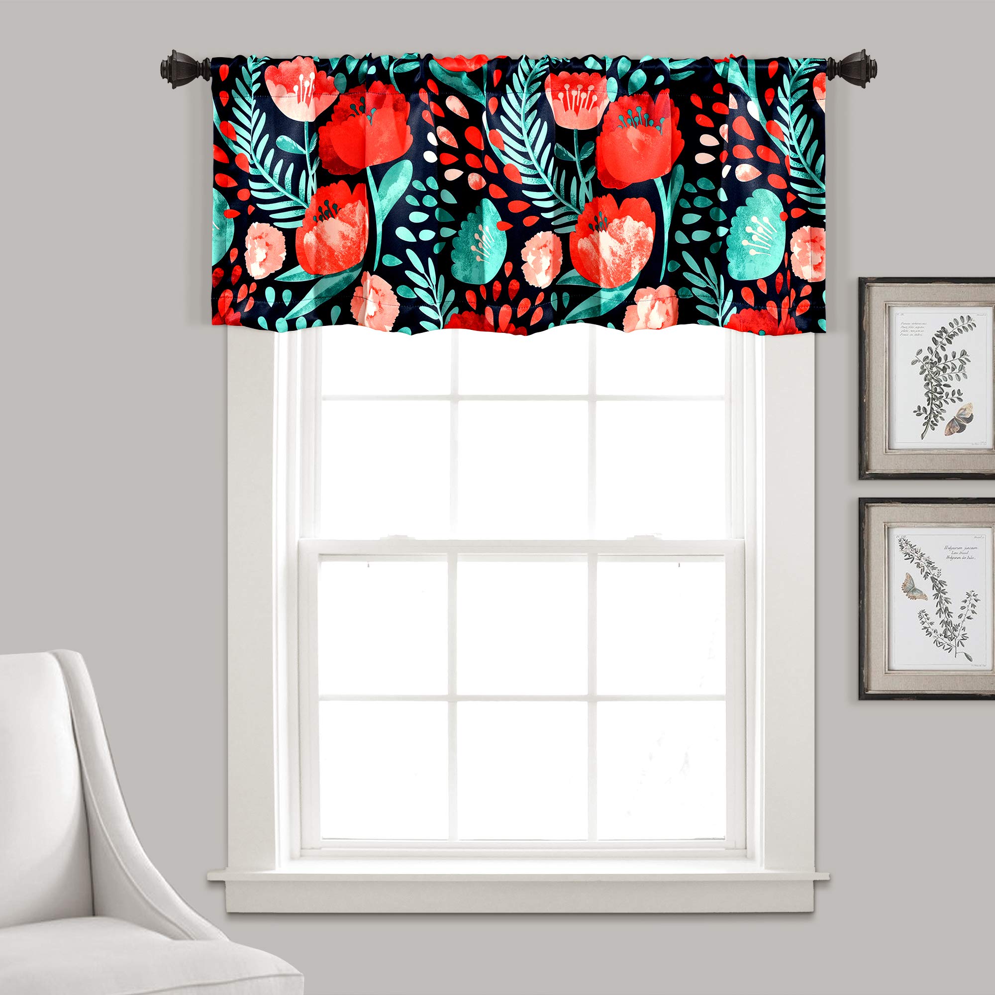 Lush Decor Poppy Garden Light Filtering Window Curtain Valance, 18' L X 52' W, Navy