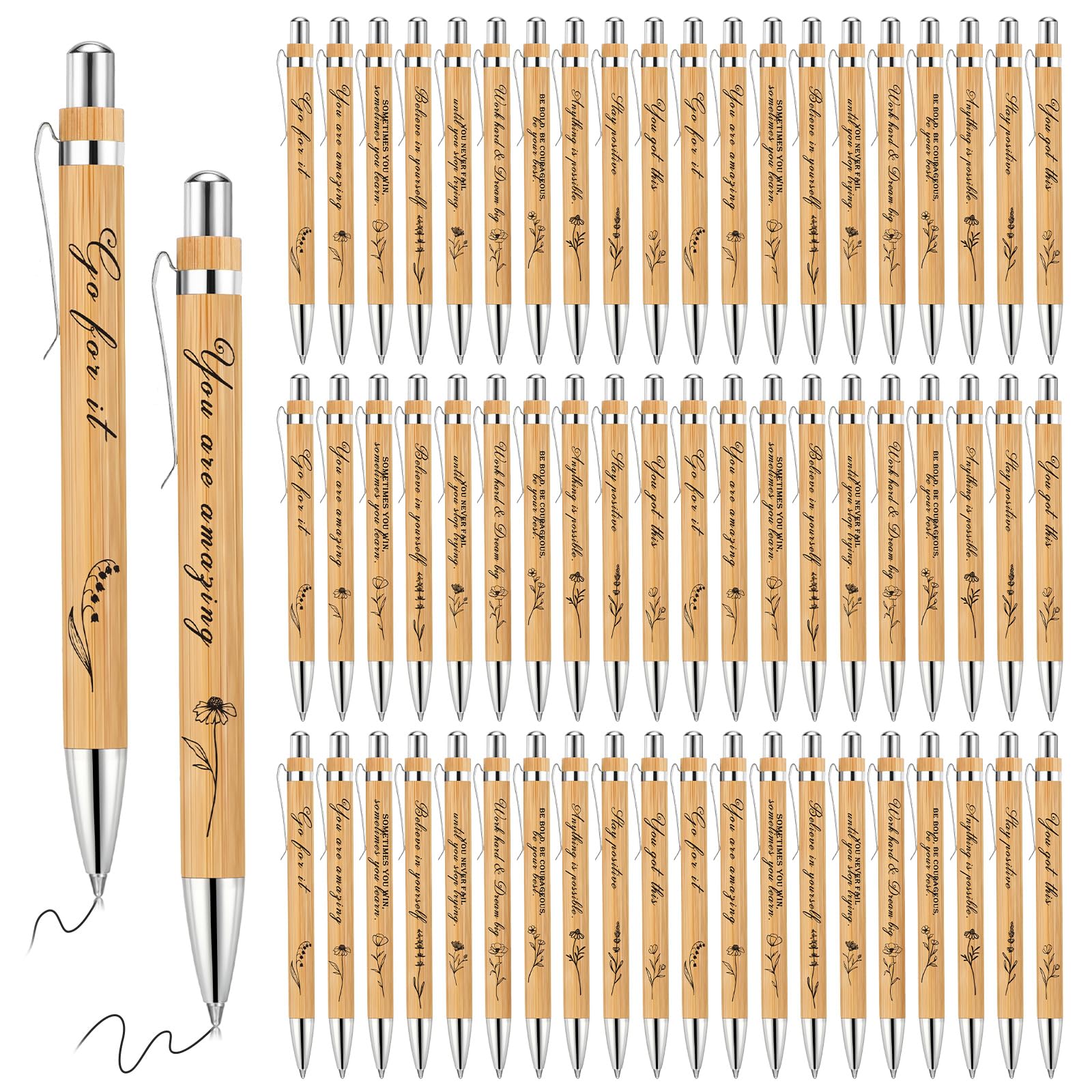 Watersay 30 Pcs Inspirational Bamboo Ballpoint Pens Flower Pens With Black Ink Employee Appreciation Gift Thank You Gift Party F
