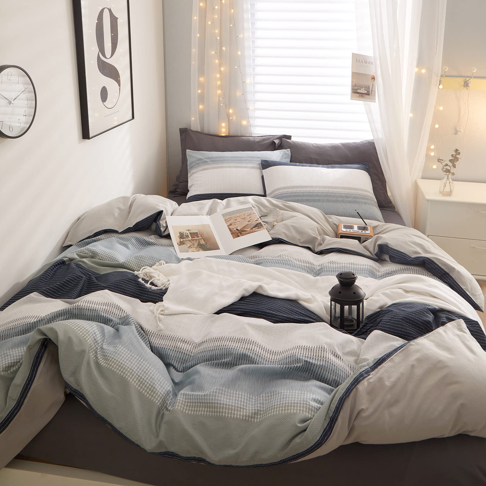 Lifetb Cotton Stripe Duvet Cover Full Size Gray Blue White Stripe Comforter Cover Modern Style Geometric Stripe Bedding Set For