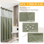 Jowels Long Linen Shower Curtains - Inside And Out Sage Green, Snap On Shower Curtain Liner, No Hooks Needed Bath Curtains, Mesh