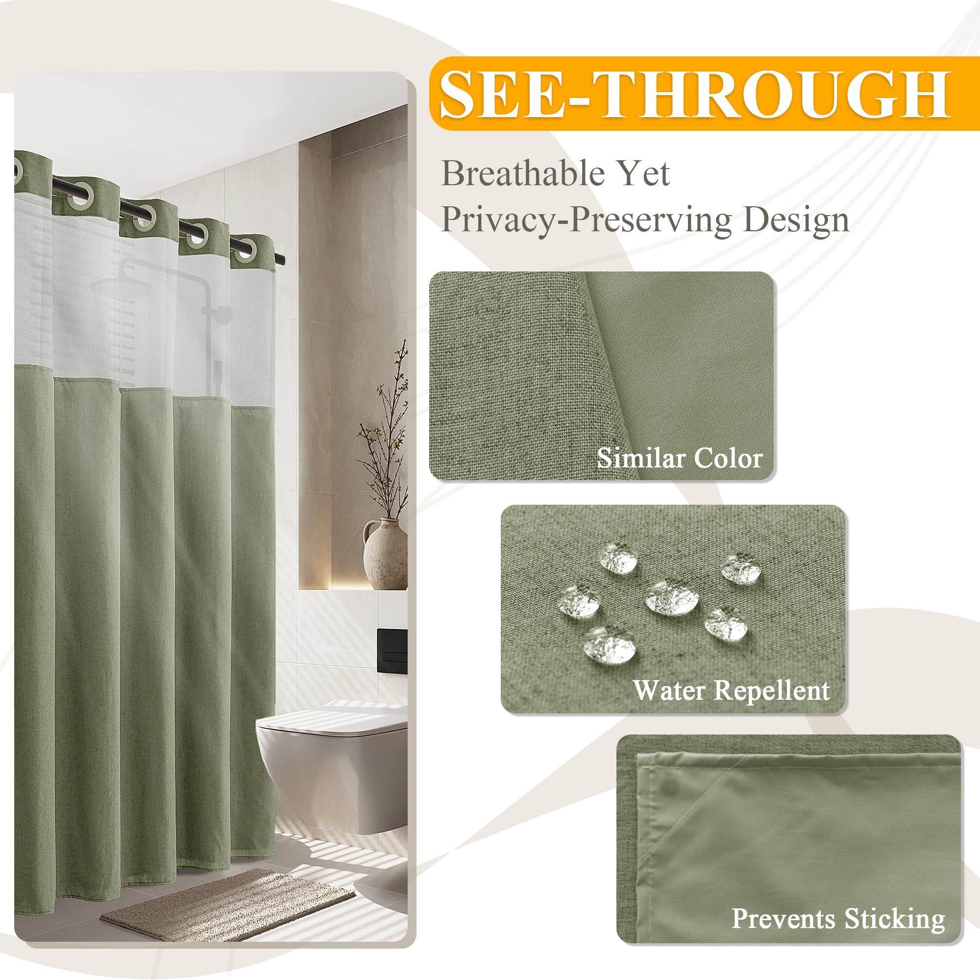 Jowels Long Linen Shower Curtains - Inside And Out Sage Green, Snap On Shower Curtain Liner, No Hooks Needed Bath Curtains, Mesh