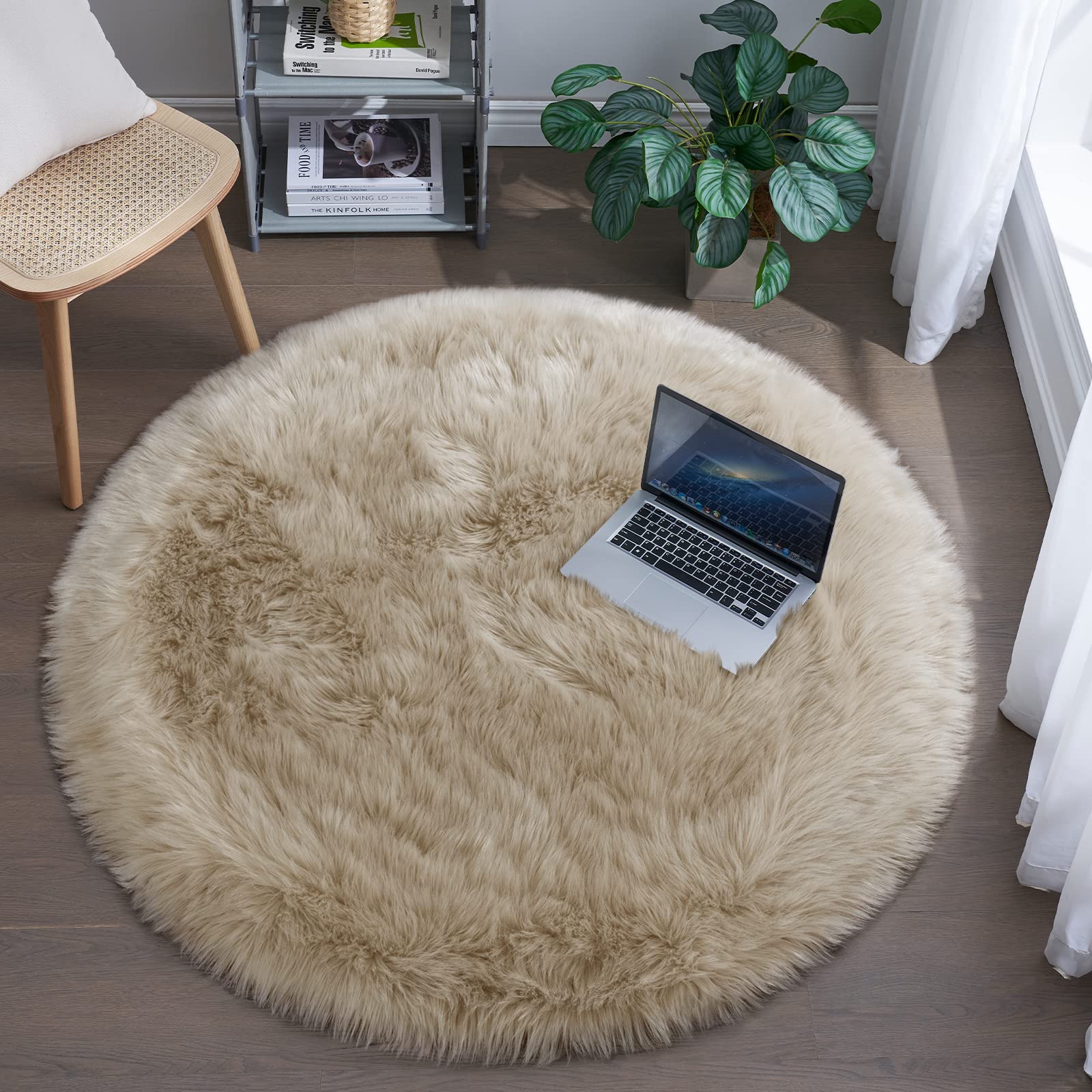 Fluffy Round Rug For Kids Room Beige Circle Faux Fur Area Rug For Bedroom, 4X4 Fuzzy Shag Rugs Furry Nursery Rug Teepee Mat, Cir