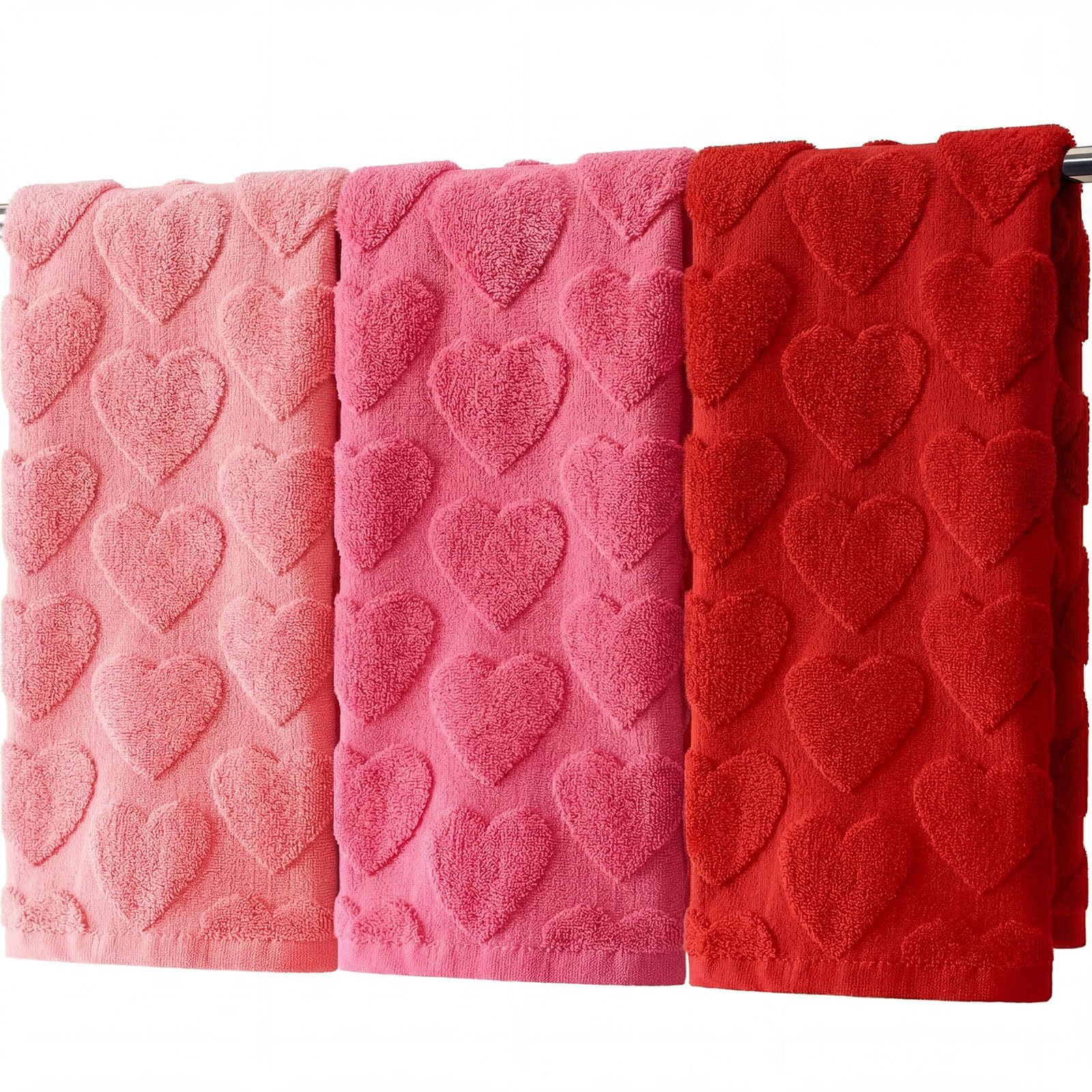 Hahafelt 3 Pcs Valentine Heart Hand Towels 100% Cotton 14 x29  Romantic Decorative Bathroom Towels Set Heart Jacquard Kitchen To