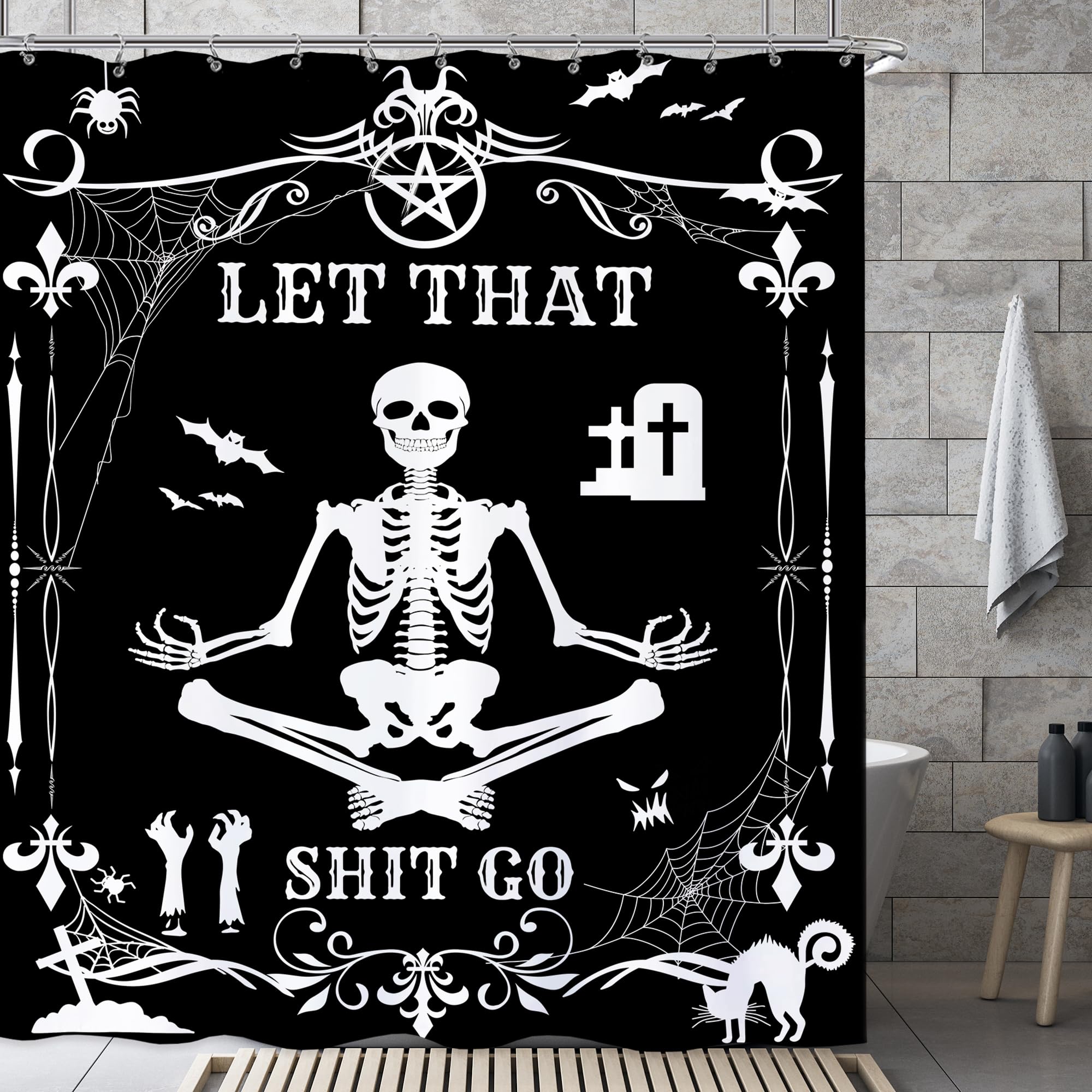 Laifzere Funny Black Skull Goth Shower Curtain Let That Shit Go Shower Curtain for Bathroom Set Skeleton Halloween Gothic Fun Fa