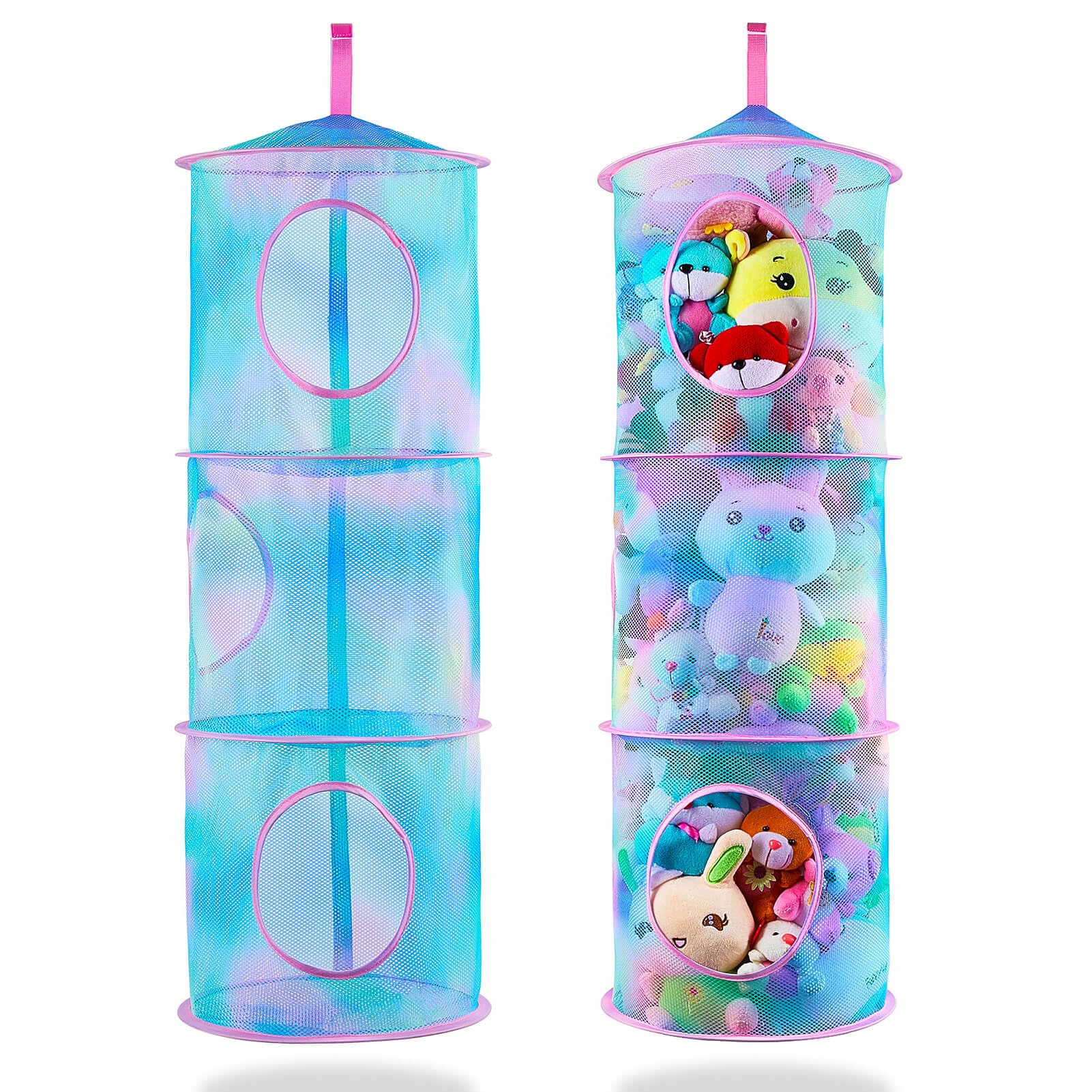 Basumee Stuffed Animals Net Or Hammock 2 Pcs Stuffed Animals Storage Toy Net Hammock For Stuffed Animals Organizer Mesh Hammock Kids Girls Room Decor, Blue Teal, 3 Tiers