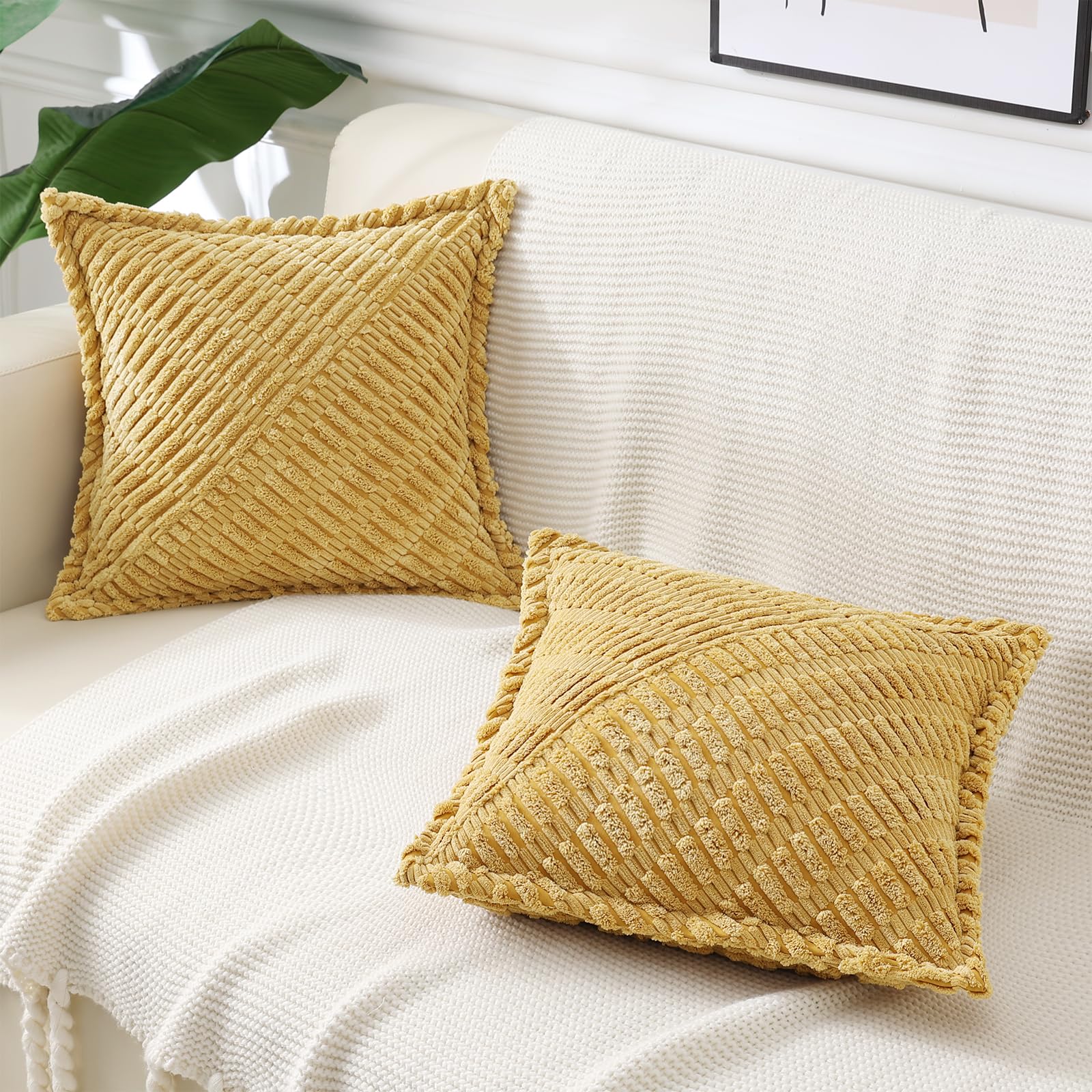 Decoruhome Decorative Mustard Yellow Throw Pillow Covers 18X18 Set Of 2 With Splicing, Boho Soft Corduroy Broadside Twill Pillow