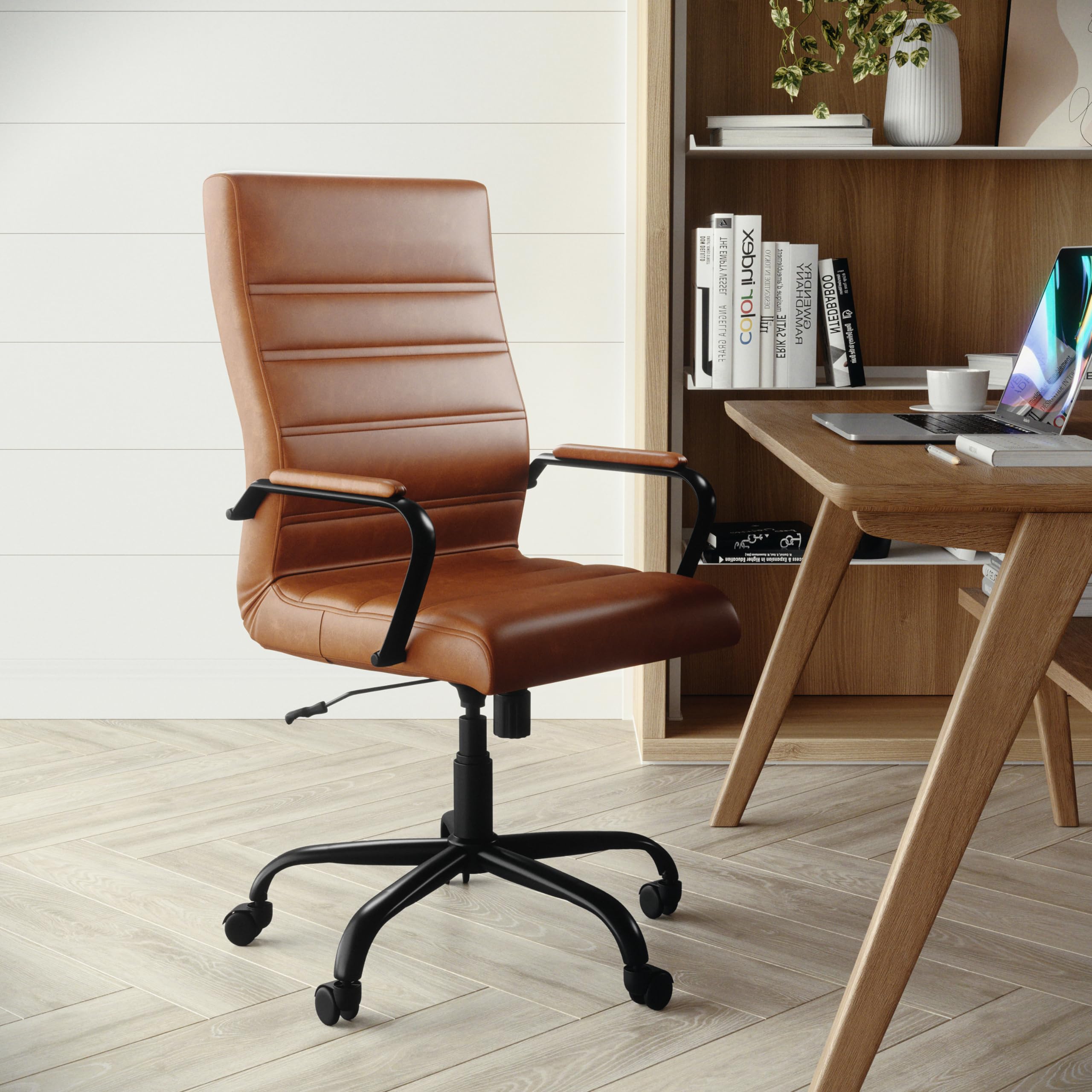 Flash Furniture Whitney High-Back Swivel LeatherSoft Desk Chair with Padded Seat and Armrests, Adjustable Height Padded LeatherSoft Office Chair, Brown/Black Gold
