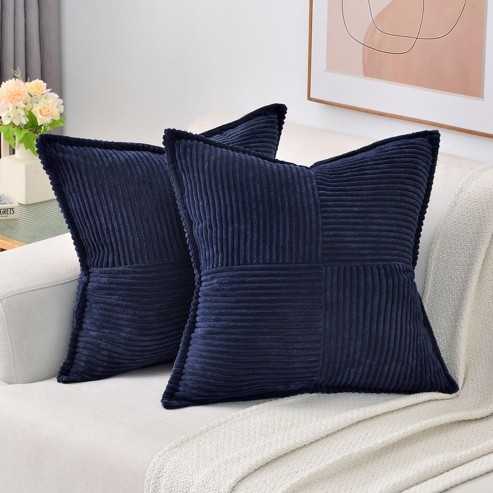 Haussy Navy Blue Throw Pillow Covers 18X18 Inch Set Of 2,Soft Solid Corduroy Striped/Wide Bordered,Square Decorative Cushion Cas