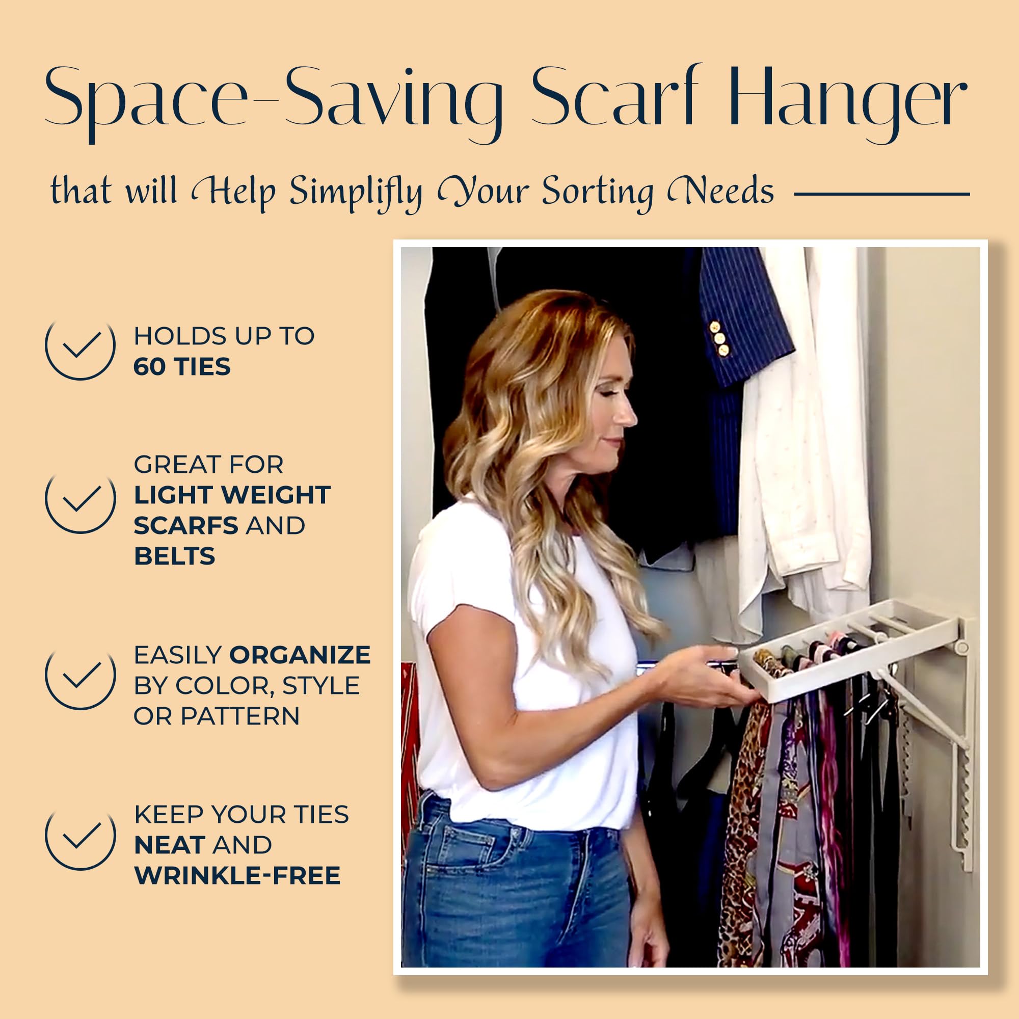 Tiemaster Tie And Scarf Organizer, Battery-Free Organizer, Holds 60 Ties And Scarves, Easy Installation, Sleek Design, Preserve