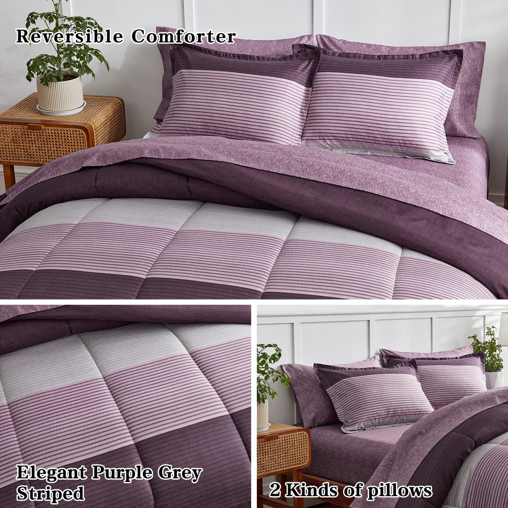 Flysheep Ombre Striped Bed In A Bag 7 Pieces Queen Size, Purple And Grey Stripes Comforter Sheet Set (1 Comforter, 1 Flat Sheet,