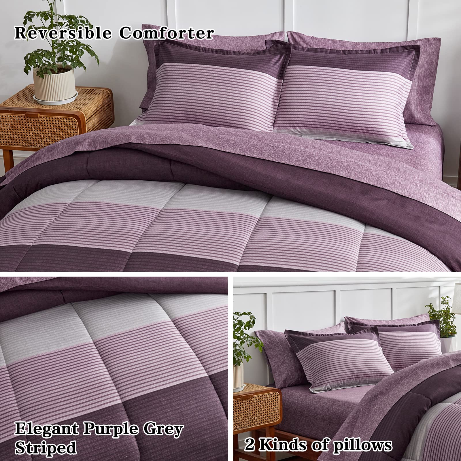 Flysheep Ombre Striped Bed In A Bag 7 Pieces Queen Size, Purple And Grey Stripes Comforter Sheet Set (1 Comforter, 1 Flat Sheet,