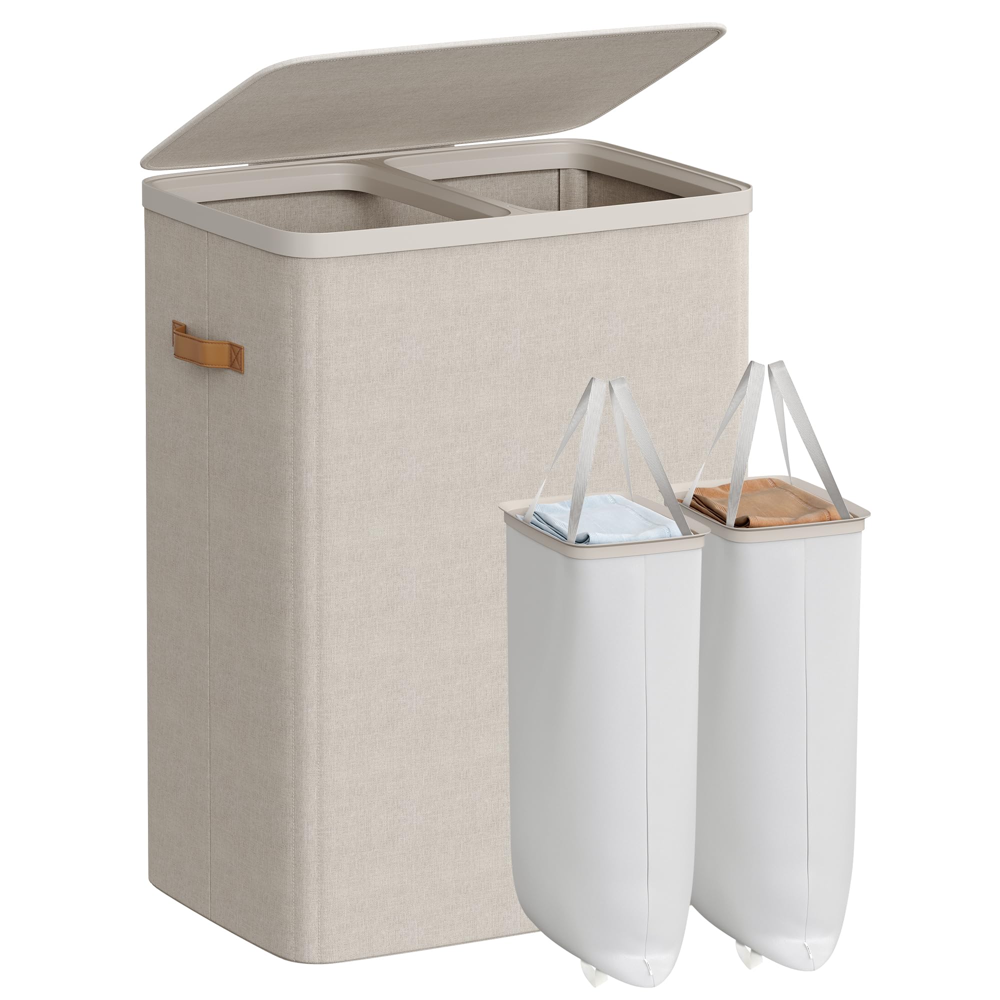 SONGMICS Laundry Basket, 44.9 Gal. Laundry Hamper, 2 Compartments, Easy Assembly, with Lid and Handles, Removable Liners, 22 x 1