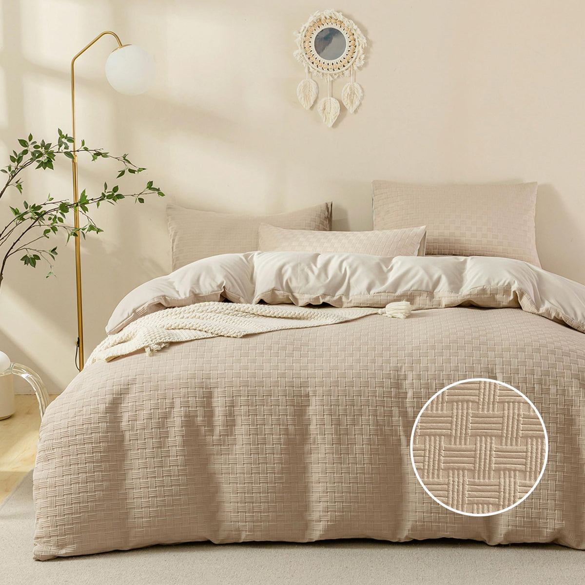 Jellymoni Khaki Duvet Cover King Size - 3 Pieces Soft And Breathable Microfiber Knitted Jacquard Waffle Weave Striped Comforter