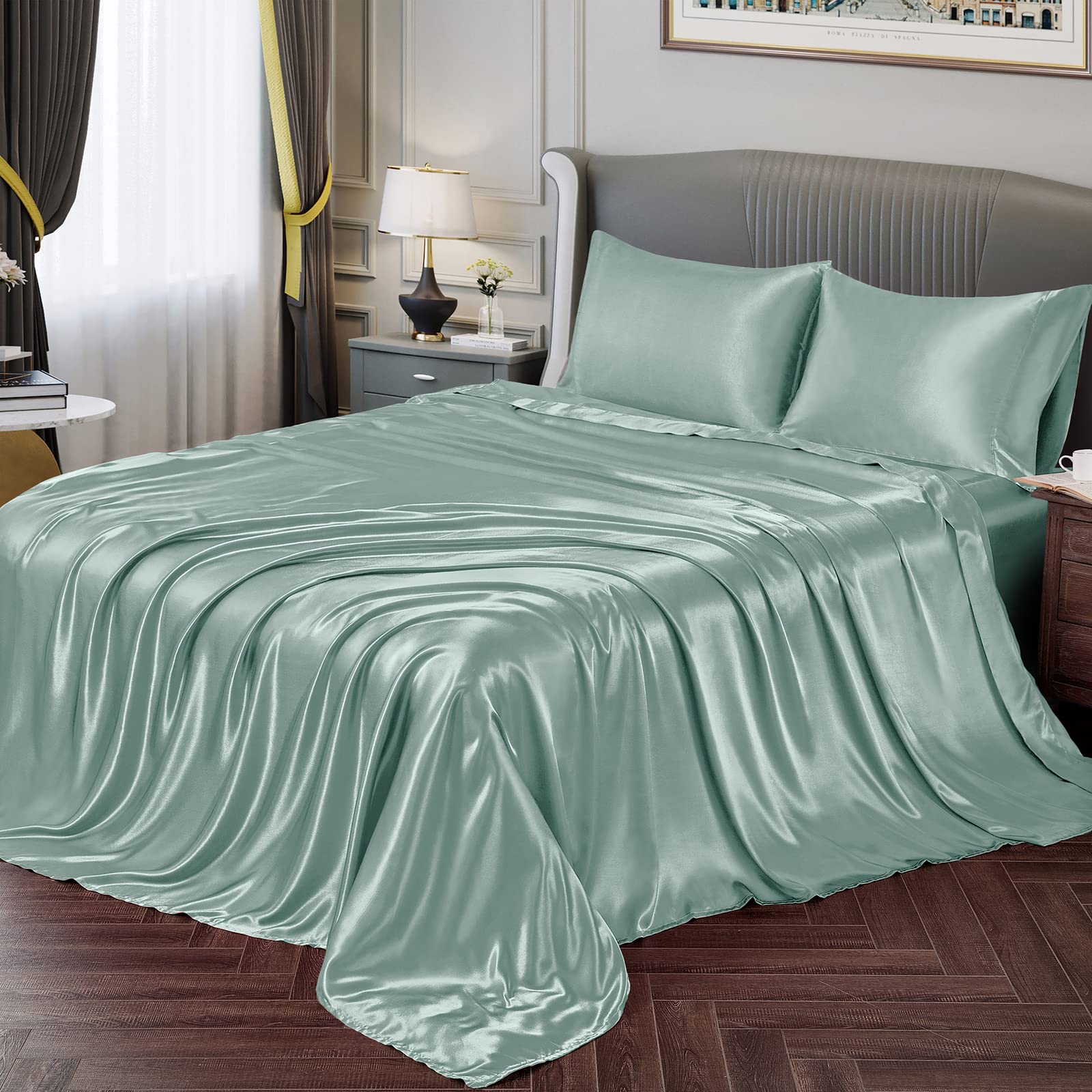 Vonty Satin Sheets Full Silky Soft Satin Bed Sheets Mint Green Satin Sheet Set, 1 Deep Pocket Fitted Sheet + 1 Flat Sheet + 2 Pi