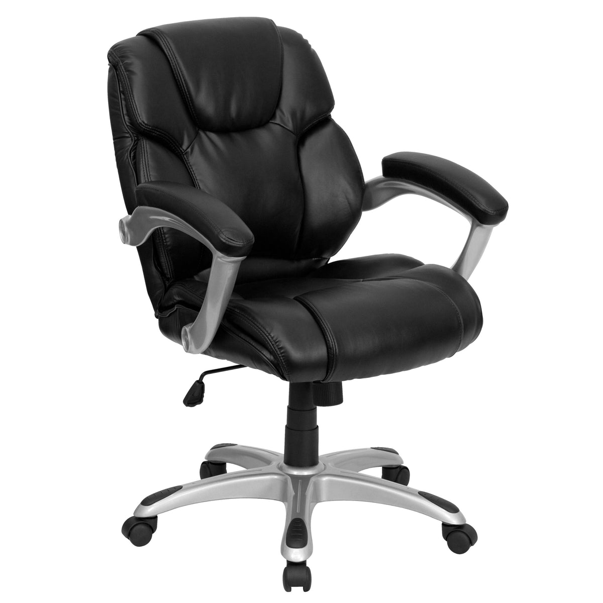 Flash Furniture Heather Mid-Back Black LeatherSoft Layered Upholstered Executive Swivel Ergonomic Office Chair with Silver Nylon Base and Arms