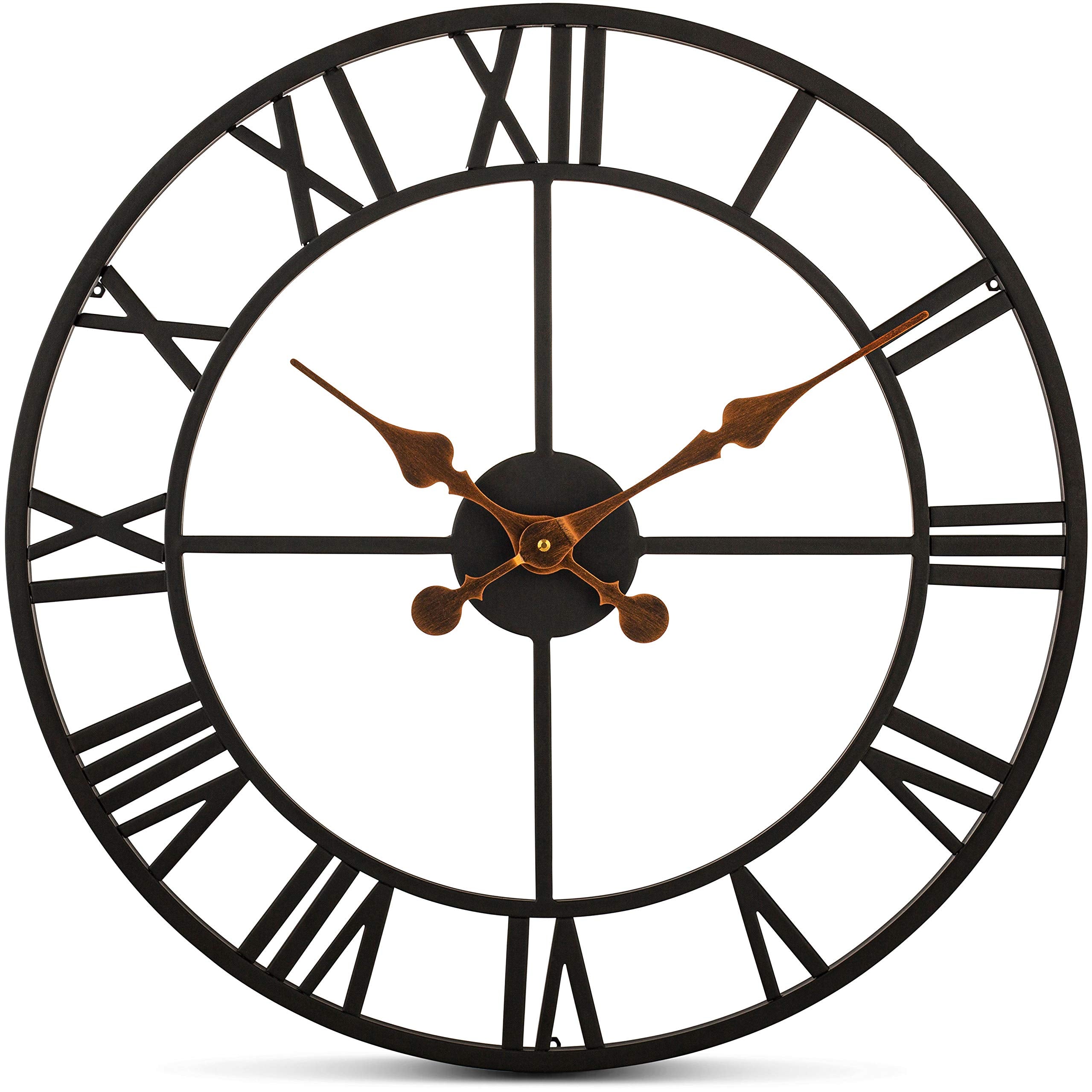 Bernhard Products Extra Large Wall Clock 20 Inch Wrought Iron Black Metal, Quartz Battery Operated Rustic Design Roman Numeral E