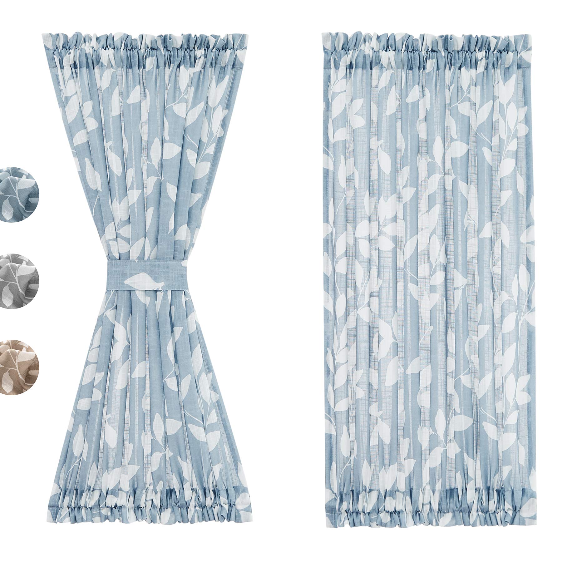 Treatmentex French Door Curtain Panels 40 Blue White Leaf Design Glass Door Curtain Not See Through Linen Textured Semi Sheer Cu
