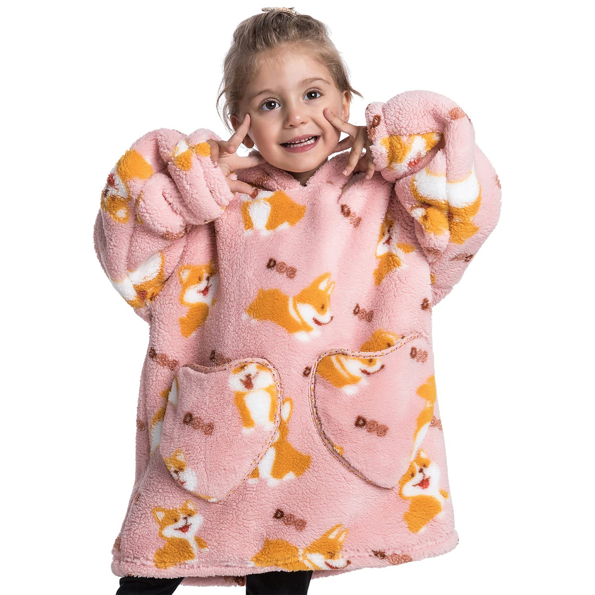Wearable Blanket Hoodie For Kids Toddler Oversized Sweatshirt Cute Fleece Sherpa Blanket Girls Boys Pink Corgi 2-5 Year