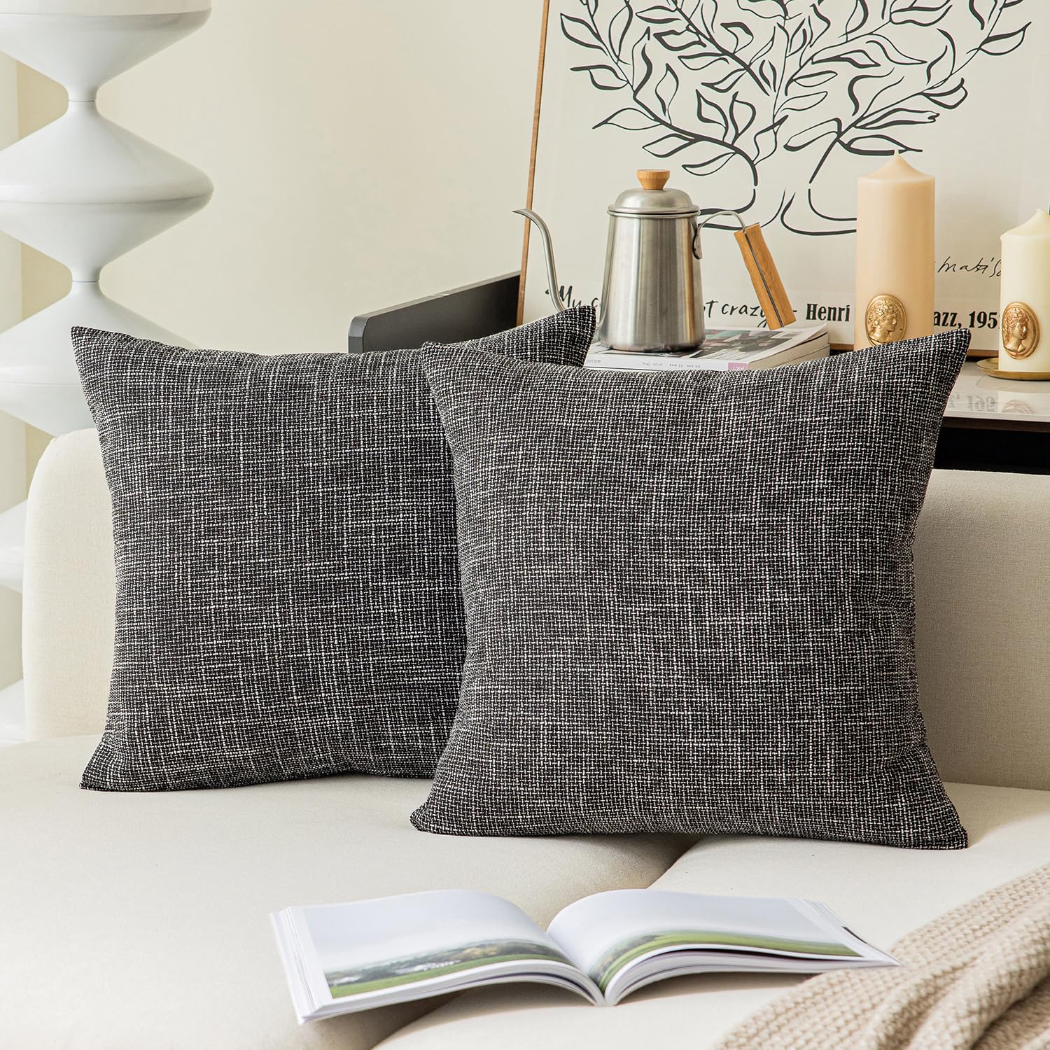 Kevin Textile Pillow Covers Decorative Lined Linen Euro Sham Throw Pillowcase For Bed Couch Sofa, 22'X22'(55Cm), Black
