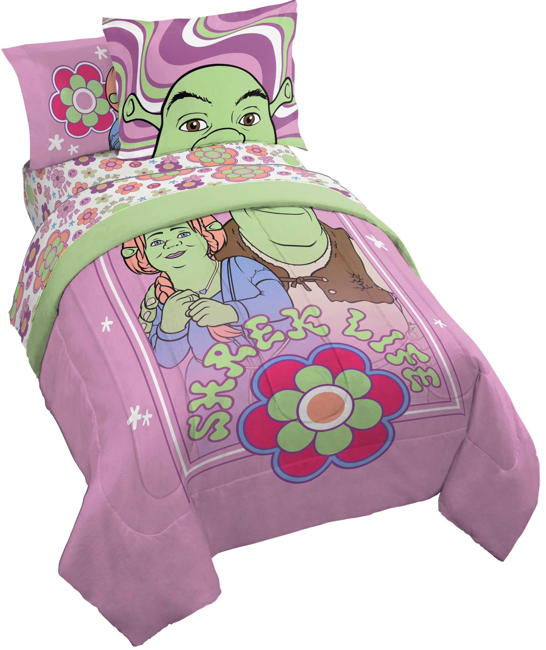 Jay Franco Shrek Full Size Comforter Set - 7 Piece Floral Bedding Includes Sheet Set & Pillow Covers - Super Soft Cartoon Beddin
