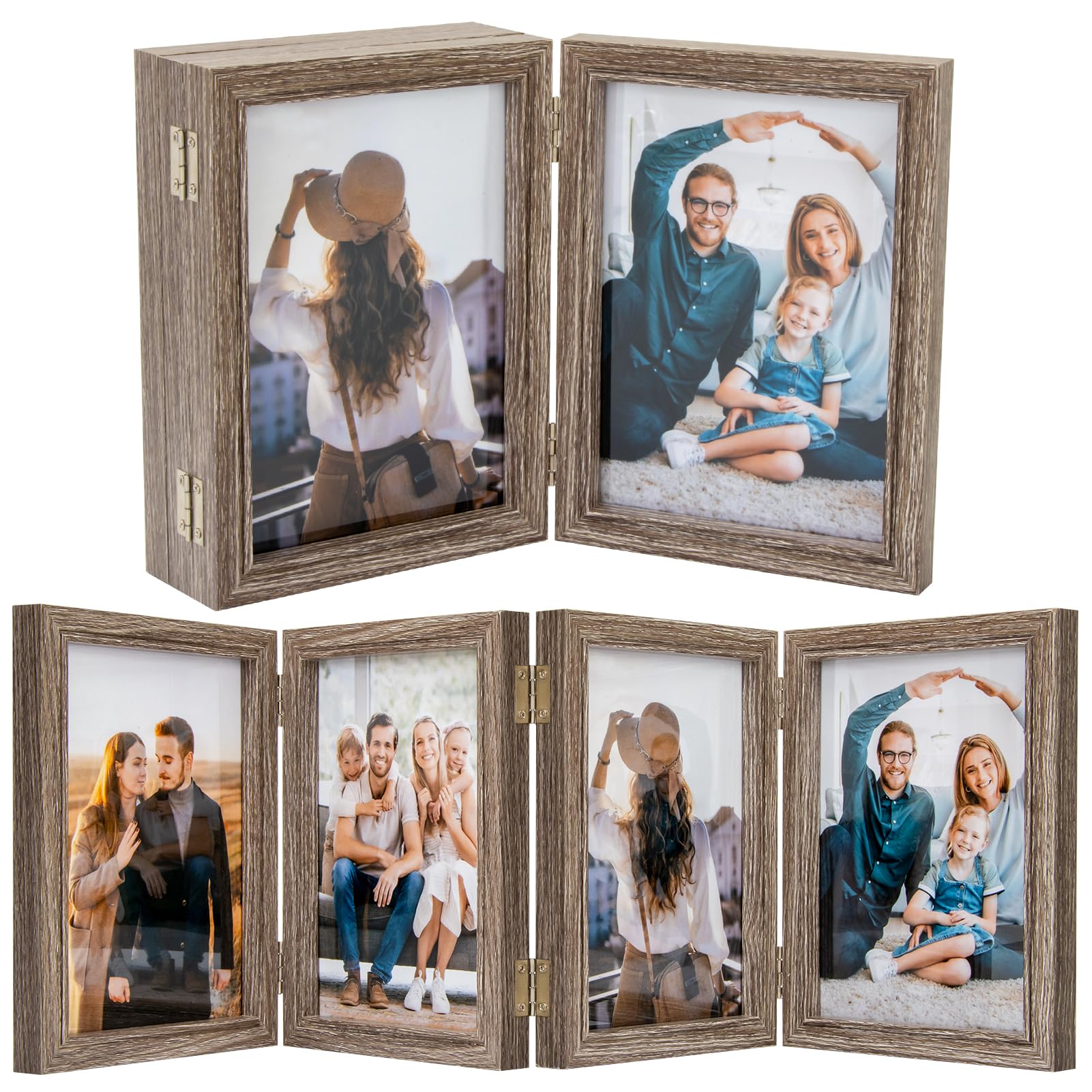 5X7 Four Picture Frame 4 Hinged Photo Frame With 4 Openings, Natural Wood Foldable Photo Frame With High Definition Acrylic For