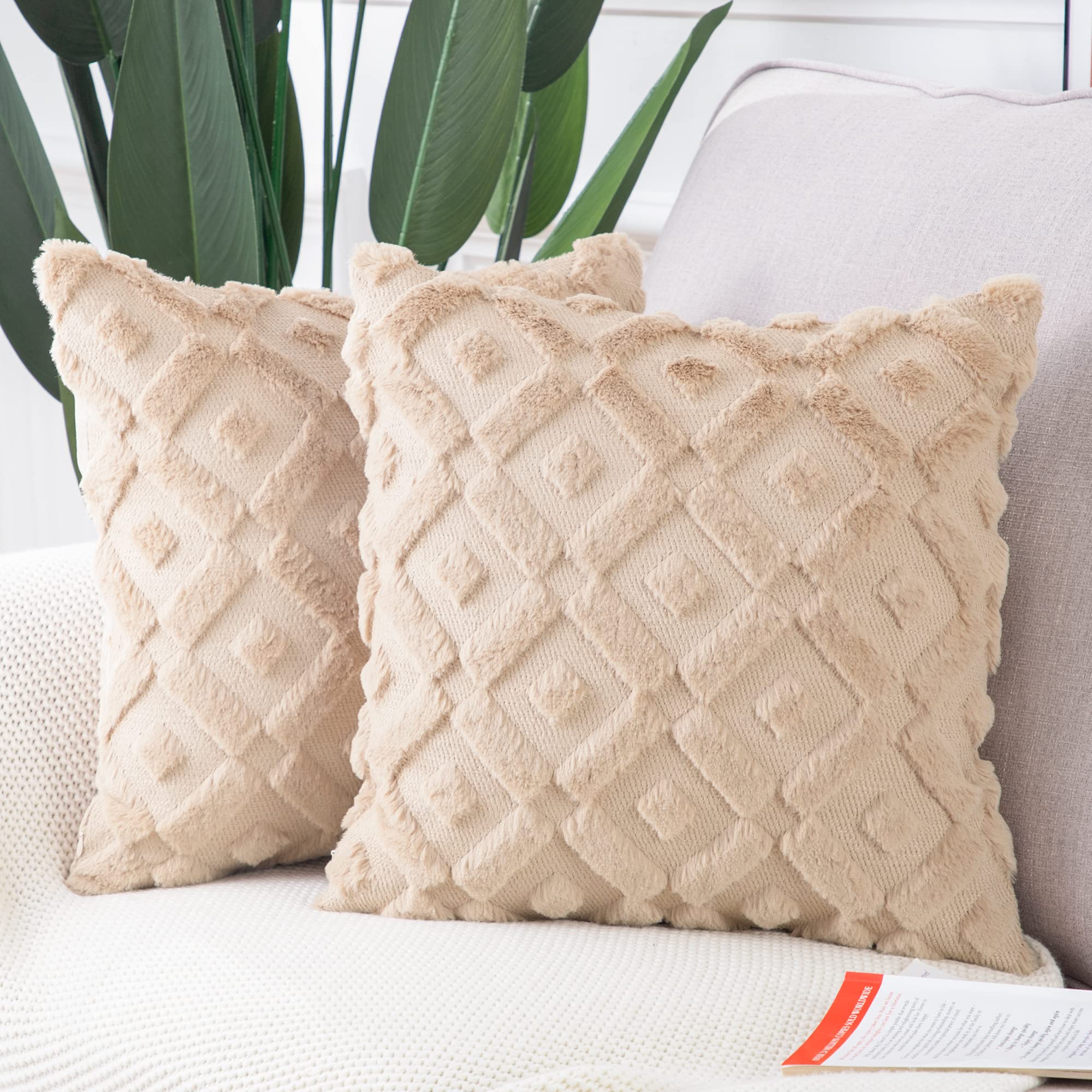 Madizz Set Of 2 Khaki Plush Short Wool Throw Pillow Covers 24X24 Inch Square Super Soft Cozy Decorative Velvet Cushion Cover For