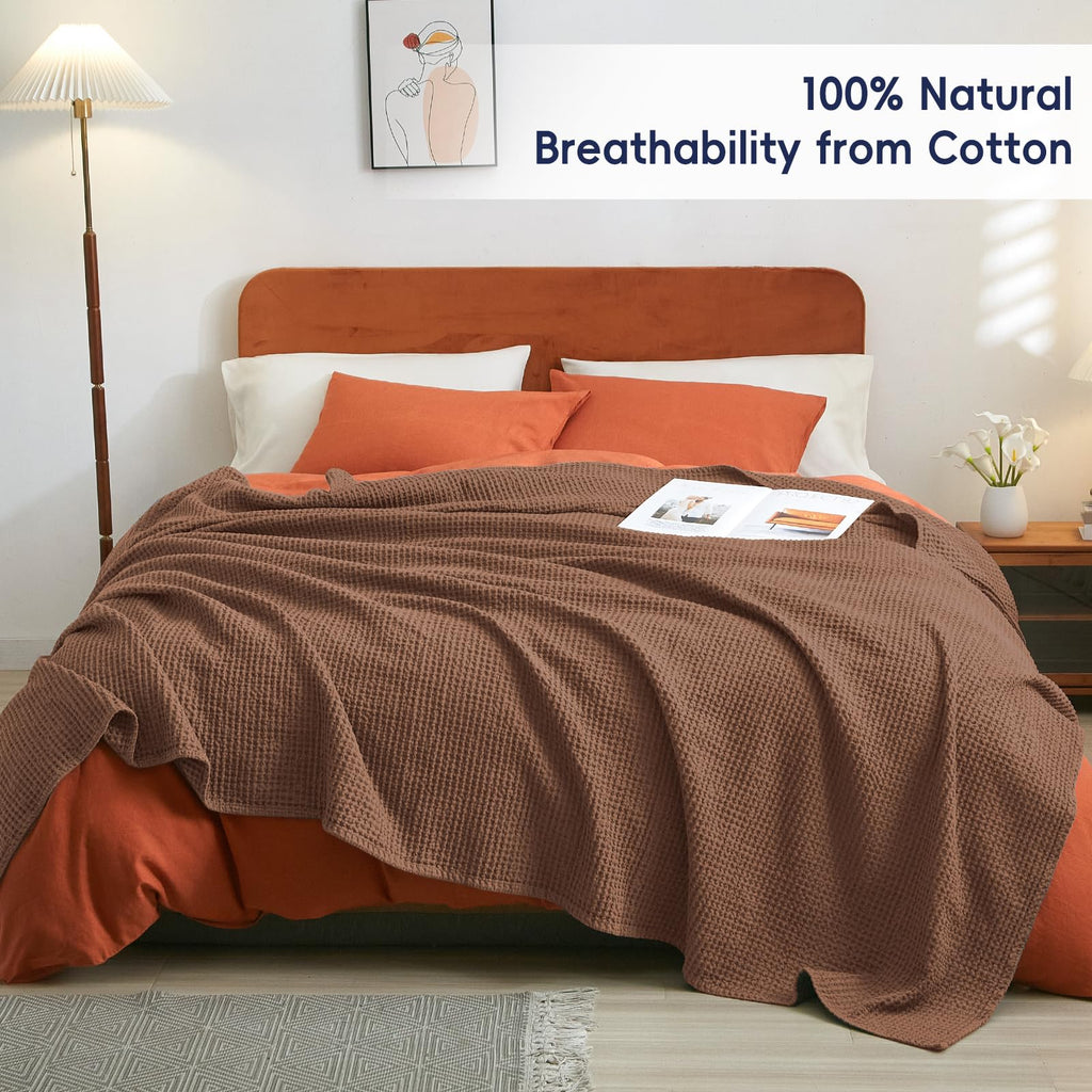 Phf 100% Cotton Waffle Weave Blanket Queen Size 90'X90'-Lightweight Washed Soft Breathable Blanket For All Season - Perfect Blanket Layer For Couch Bed Sofa-Elegant Home Decoration - Cappuccino