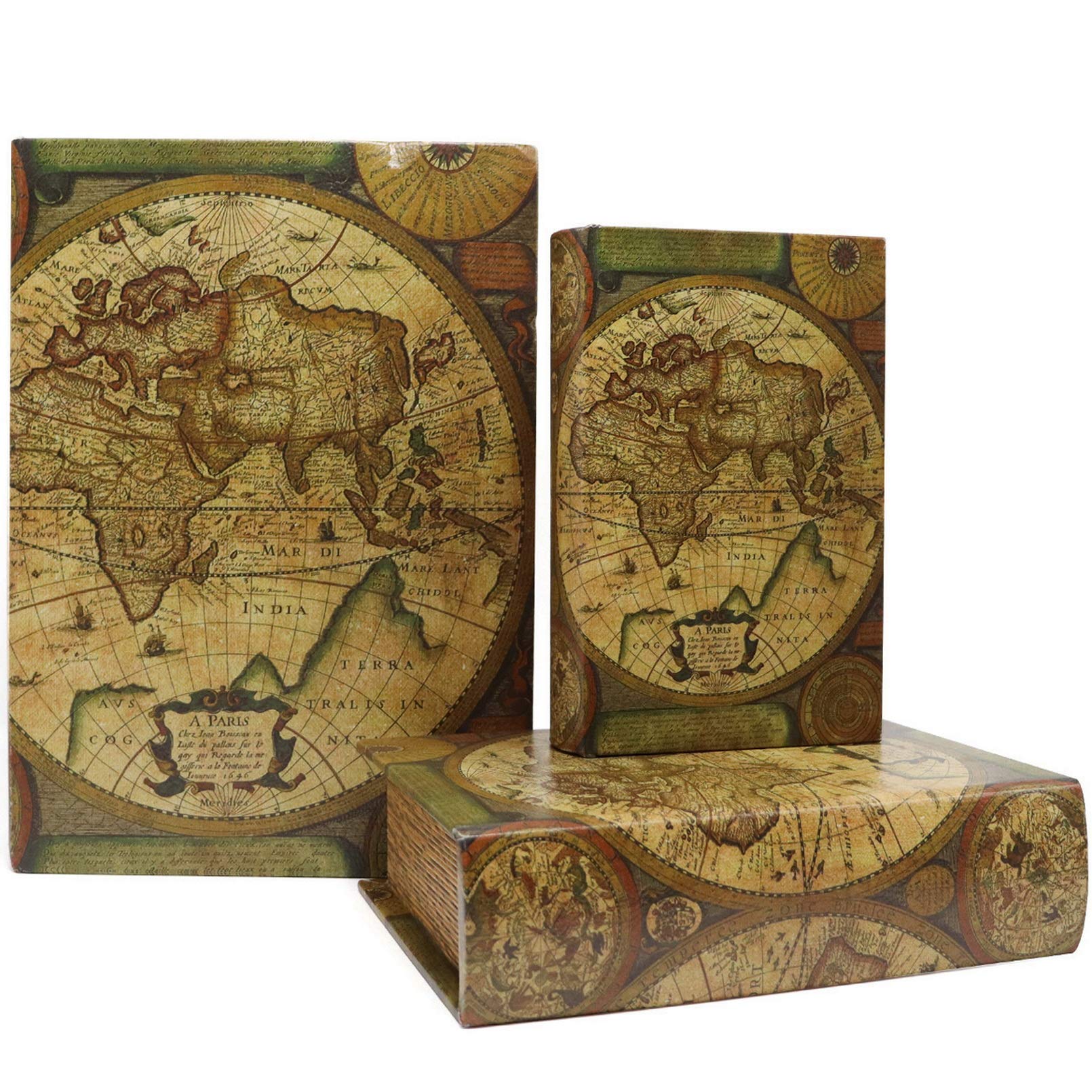 Jolitac Decorative Book Boxes World Map Pattern Antique Book Invisible box with Magnetic cover, Faux Wood Set of 3 Storage Set (