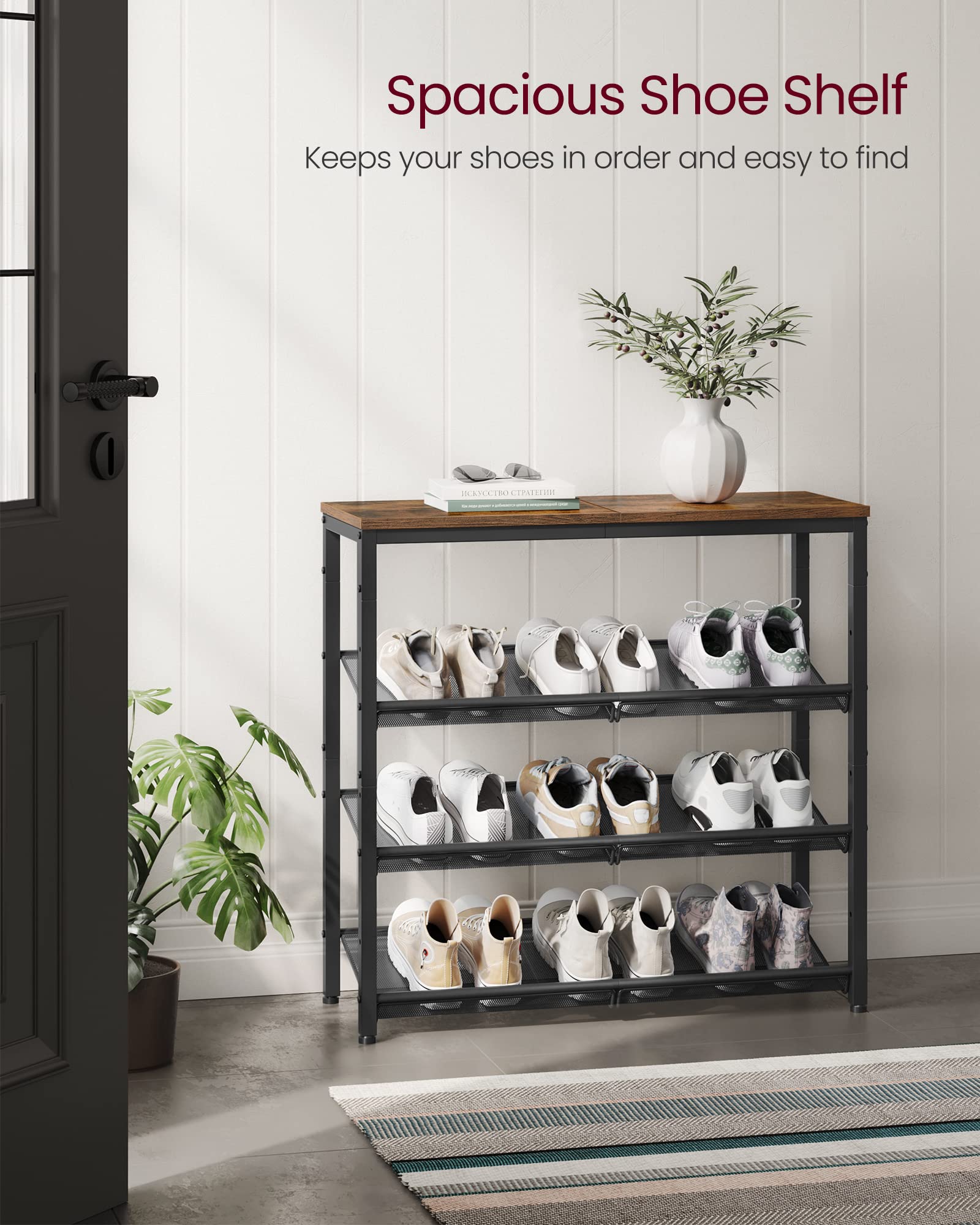 Vasagle Shoe Rack For Entryway, 4-Tier Shoe Rack Organizer With Storage Shelves And Spacious Top, Freestanding, Adjustable, Industrial, Rustic Brown And Ink Black Ulbs040B01