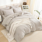 Litanika Queen Comforter Set Linen - 7 Pieces Bed In A Bag Queen Beddding Comforter Sets, Solid Lightweight Bed Set With Comfort