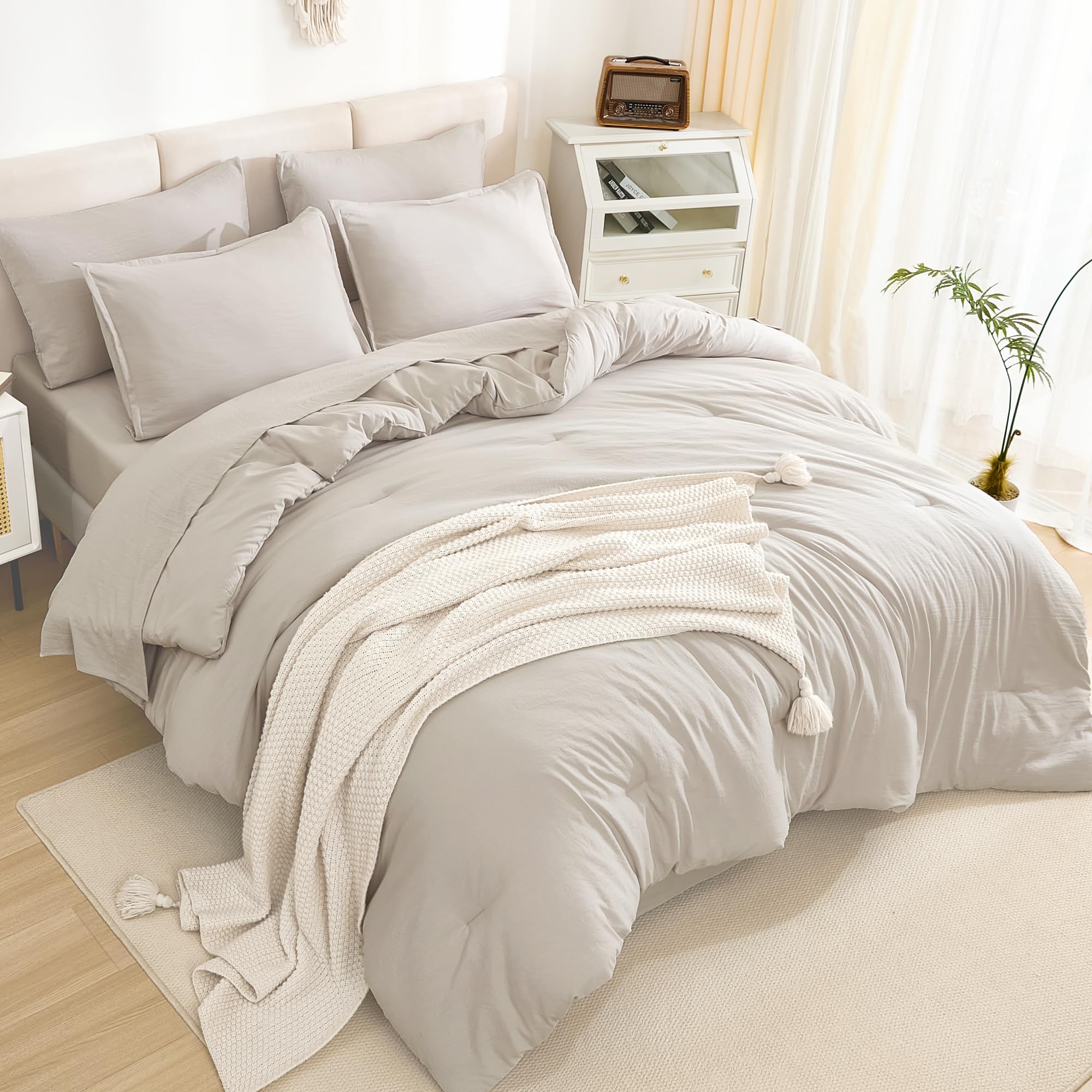 Litanika Full Size Comforter Sets Linen - 7 Pieces Bed In A Bag Full Beddding Comforter Sets, Solid Lightweight Bed Set With Com