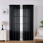 Lecloud Leia Jacquard Textured Leaf Sheer Black Curtains 84 Inches Long 2 Panels, Clip Light Filtering Voile Dining Room Bedroom