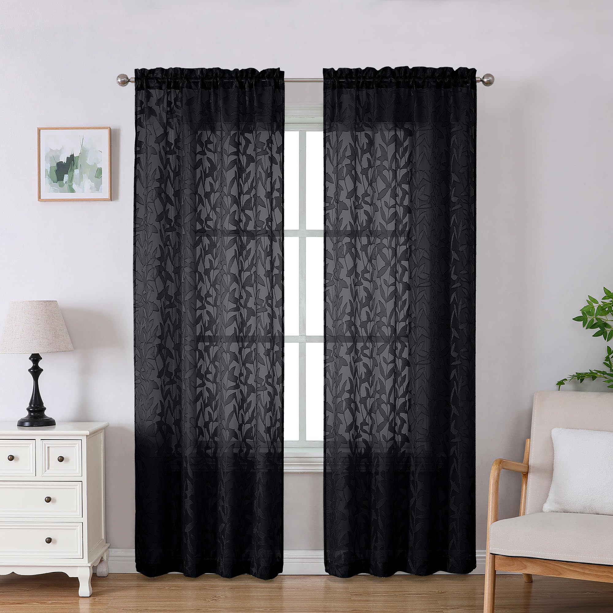 Lecloud Leia Jacquard Textured Leaf Sheer Black Curtains 84 Inches Long 2 Panels, Clip Light Filtering Voile Dining Room Bedroom