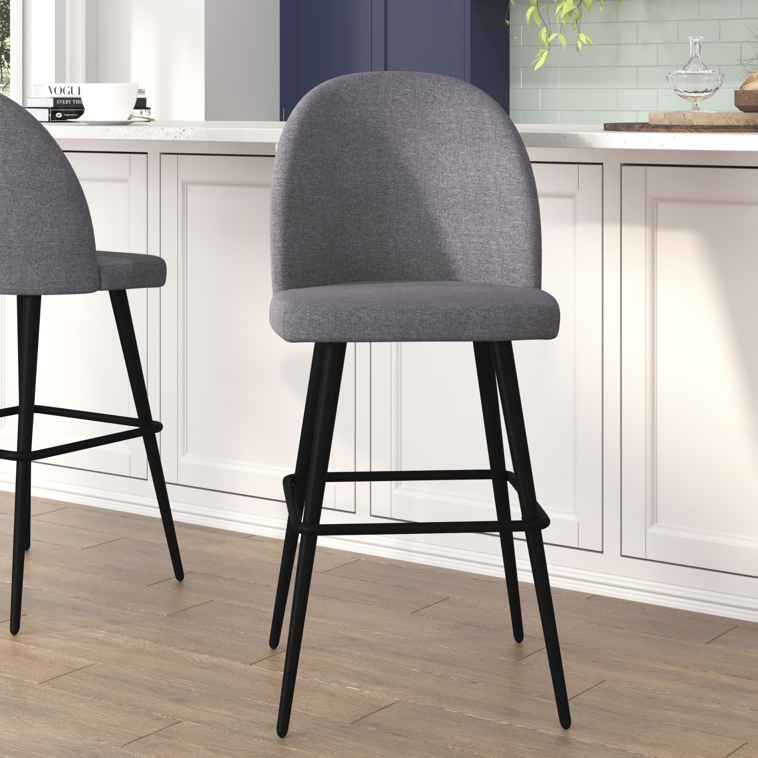Flash Furniture Lyla Commercial Grade Modern Armless Barstools - Gray Faux Linen Upholstery - 30&quot; Barstool - Contoured Backrest - Steel Frame & Footrest - Set of 2