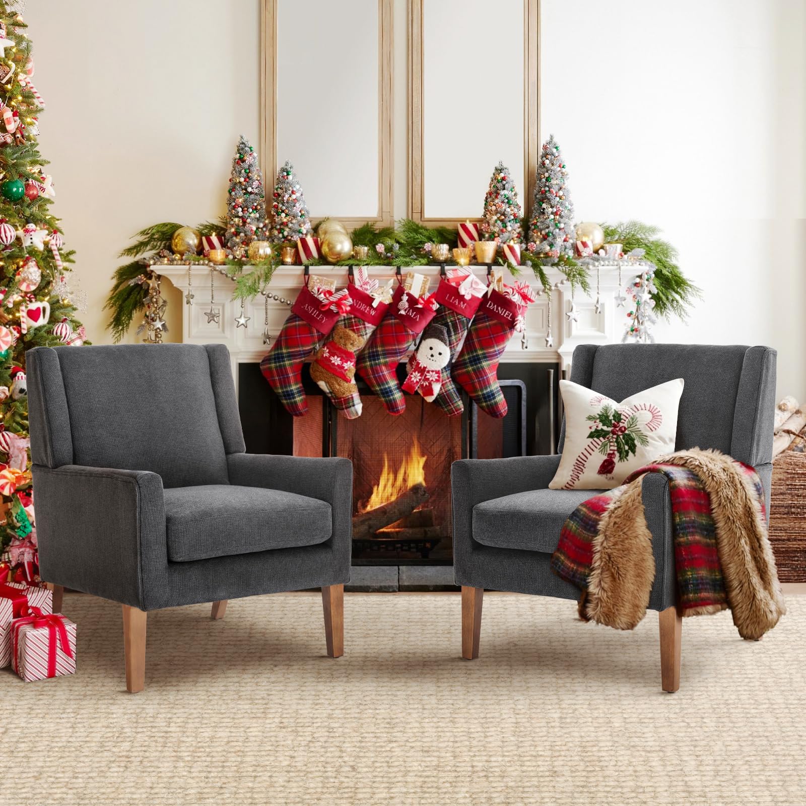 COLAMY Modern Wingback Living Room Chair Set of 2, Upholstered Fabric Accent Armchair, Single Sofa Chair with Lounge Seat and Wo