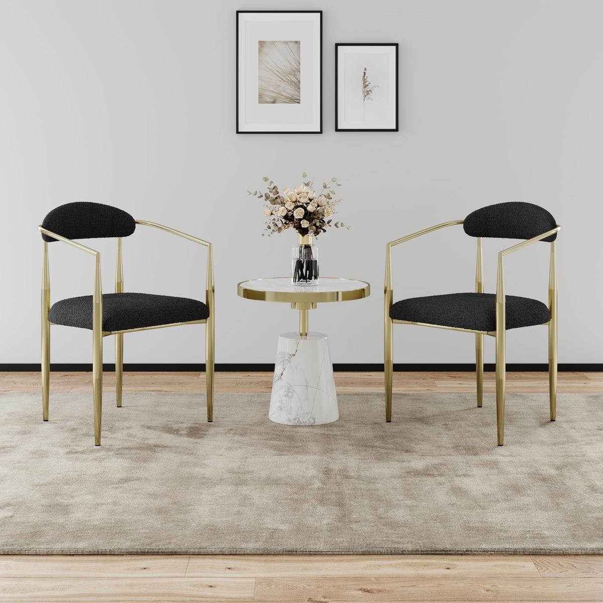 Black Dining Chairs Set Of 2 Round Upholstered Boucle Dining Room Chairs Mid-Century Modern Kitchen Chairs Curved Backrest Chair