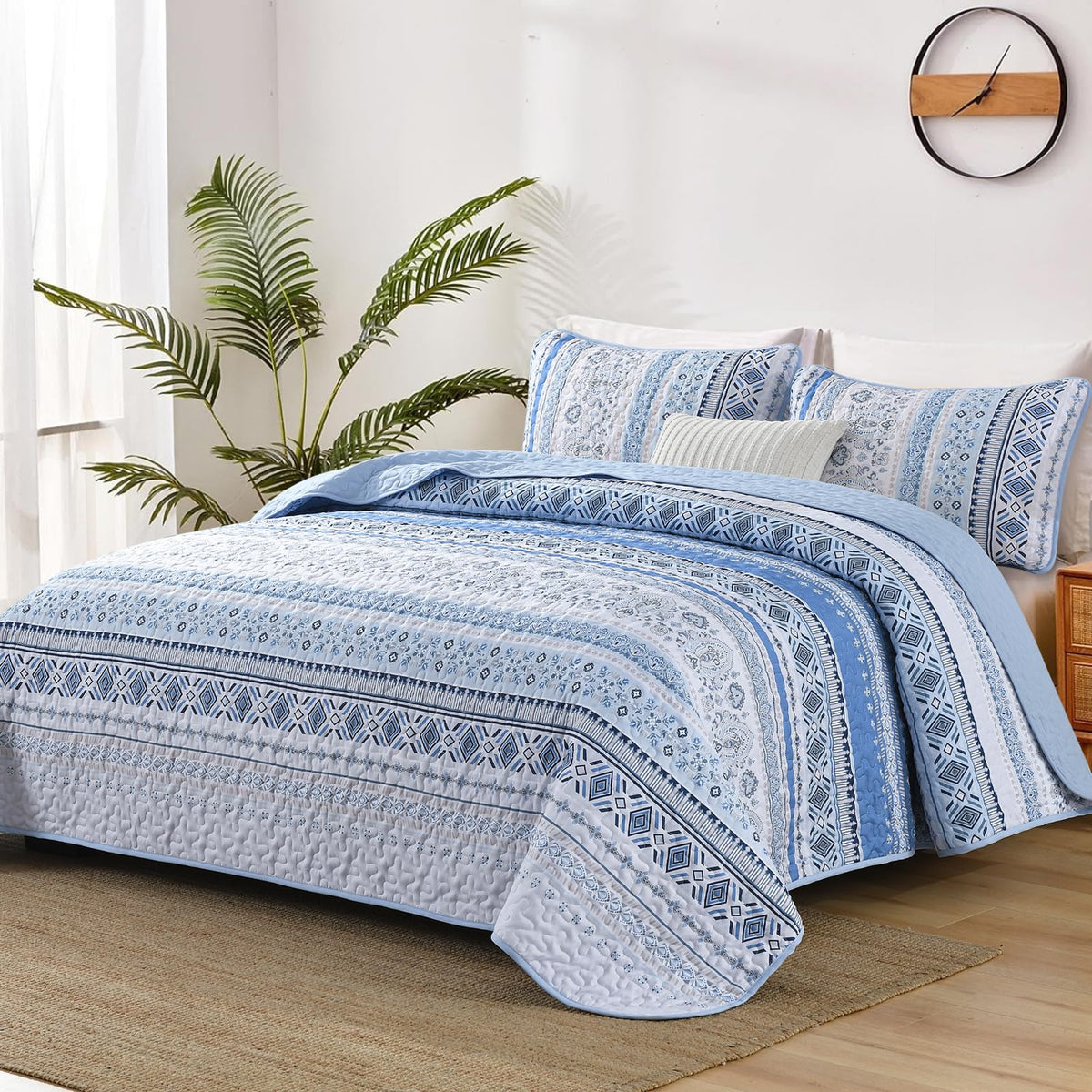 Goodidea Boho Quilt King Size, Light Blue Bohemian Bedspread King Size Set With 2 Pillow Shams, Lightweight Summer Soft Microfib