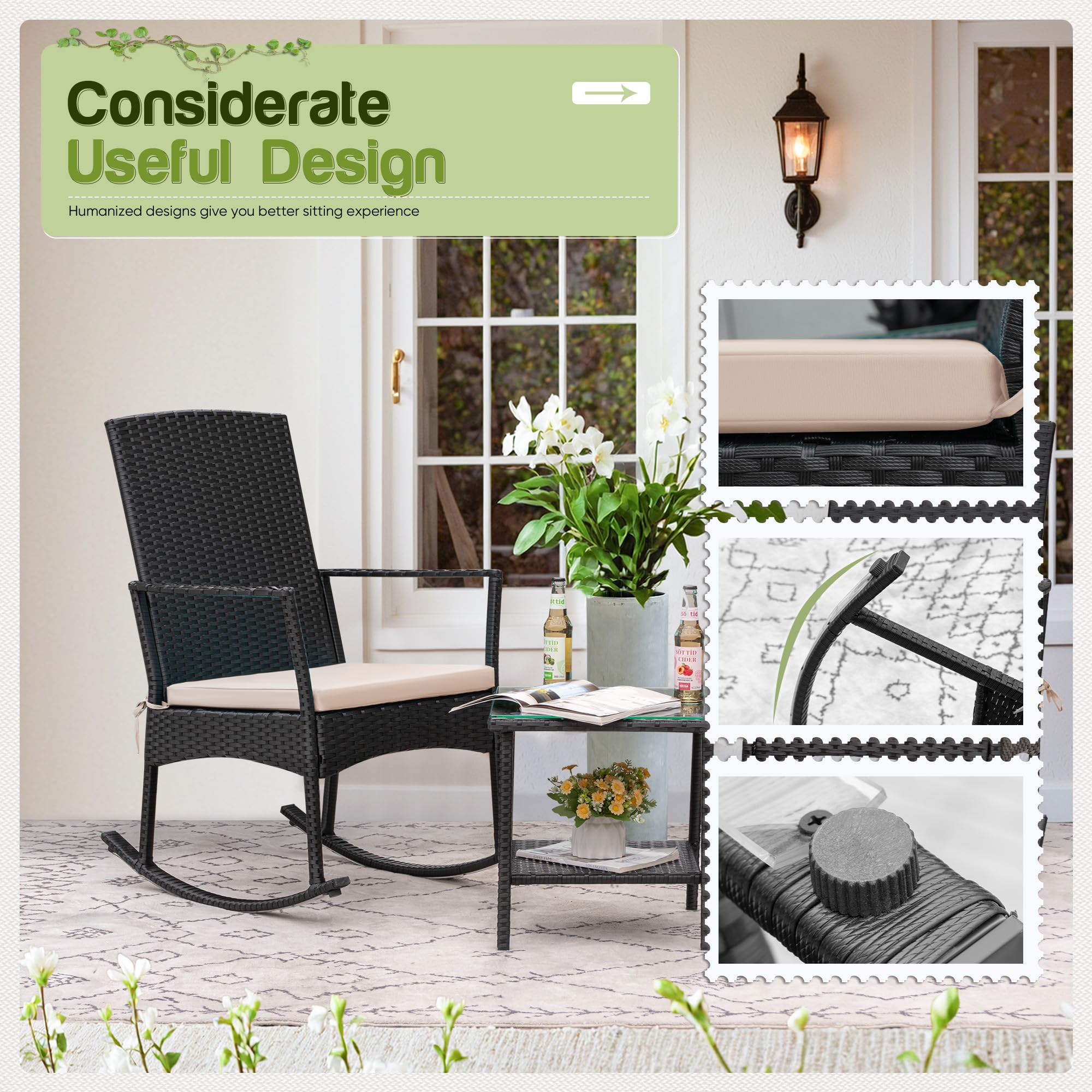 Flamaker Rocking Chair Outdoor Pe Rattan Patio Chairs With Glass Table High Back Porch Rocker For Balcony, Garden, Backyard (Beige)