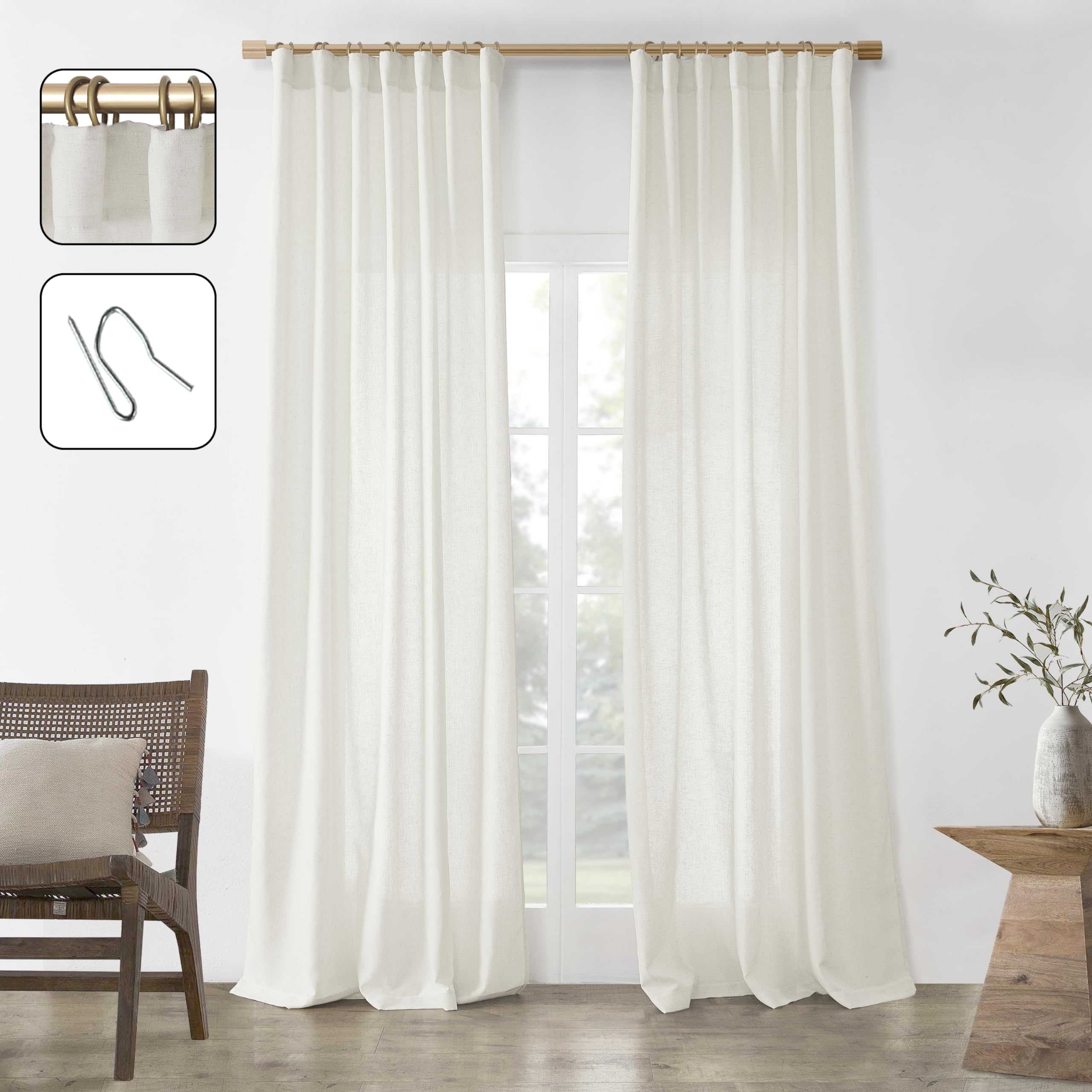 Panelsburg Farmhouse Curtains 105 Inch Length For Living Room,Back Tab Pleat Modern Boho Cream Linen Sheer Curtain Drapes 106 In