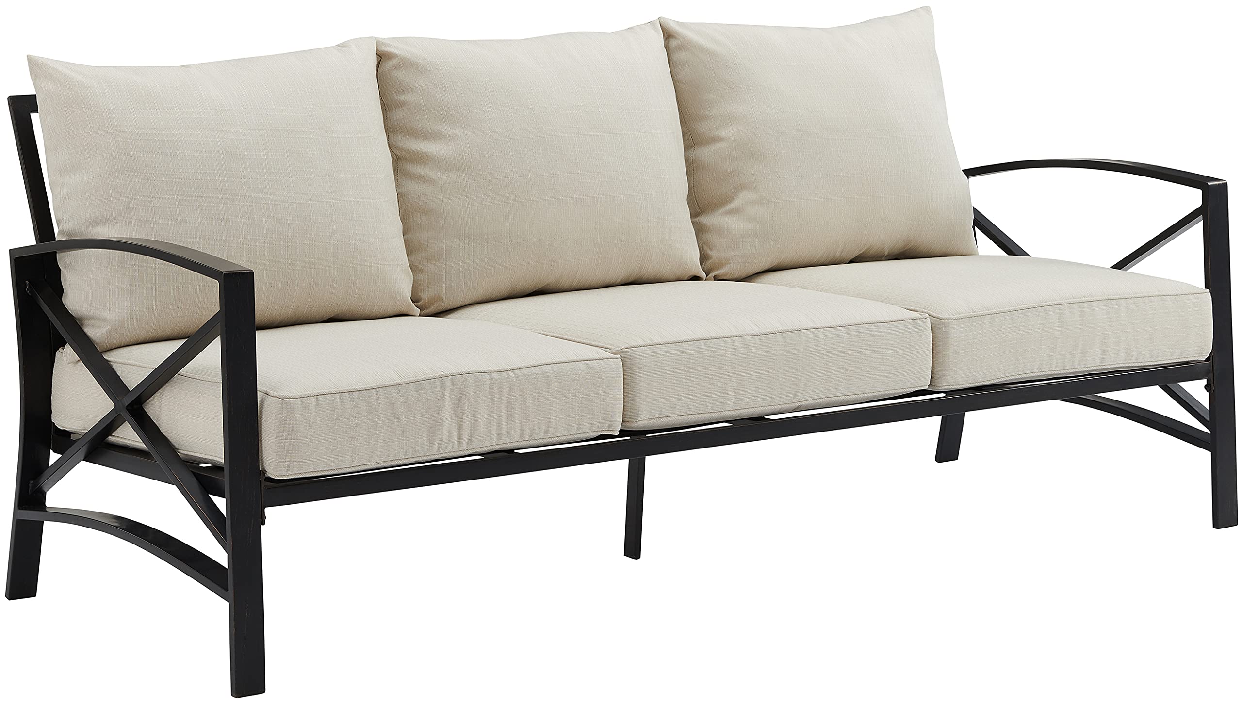 Crosley Furniture Kaplan Outdoor Sofa with Steel Frame, 3-Person Patio Couch for Porch, Deck, Backyard, Oiled Bronze with Oatmeal Cushions
