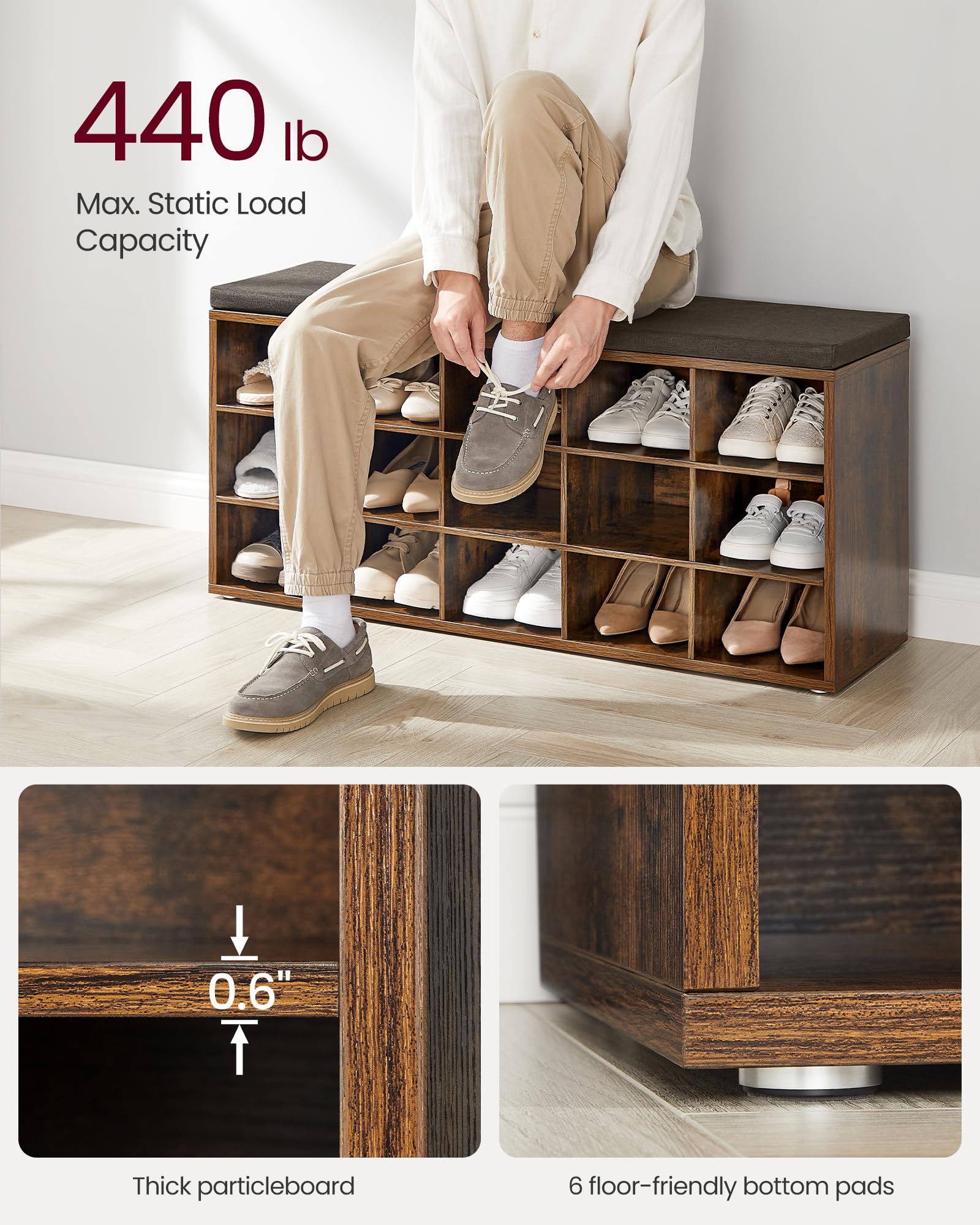 Vasagle Shoe Bench With Cushion, Storage Bench With Padded Seat, Entryway Bench With 15 Compartments, For Bedroom, 11.8 X 41.3 X 18.9 Inches, Rustic Brown And Chestnut Brown Ulhs15Bx