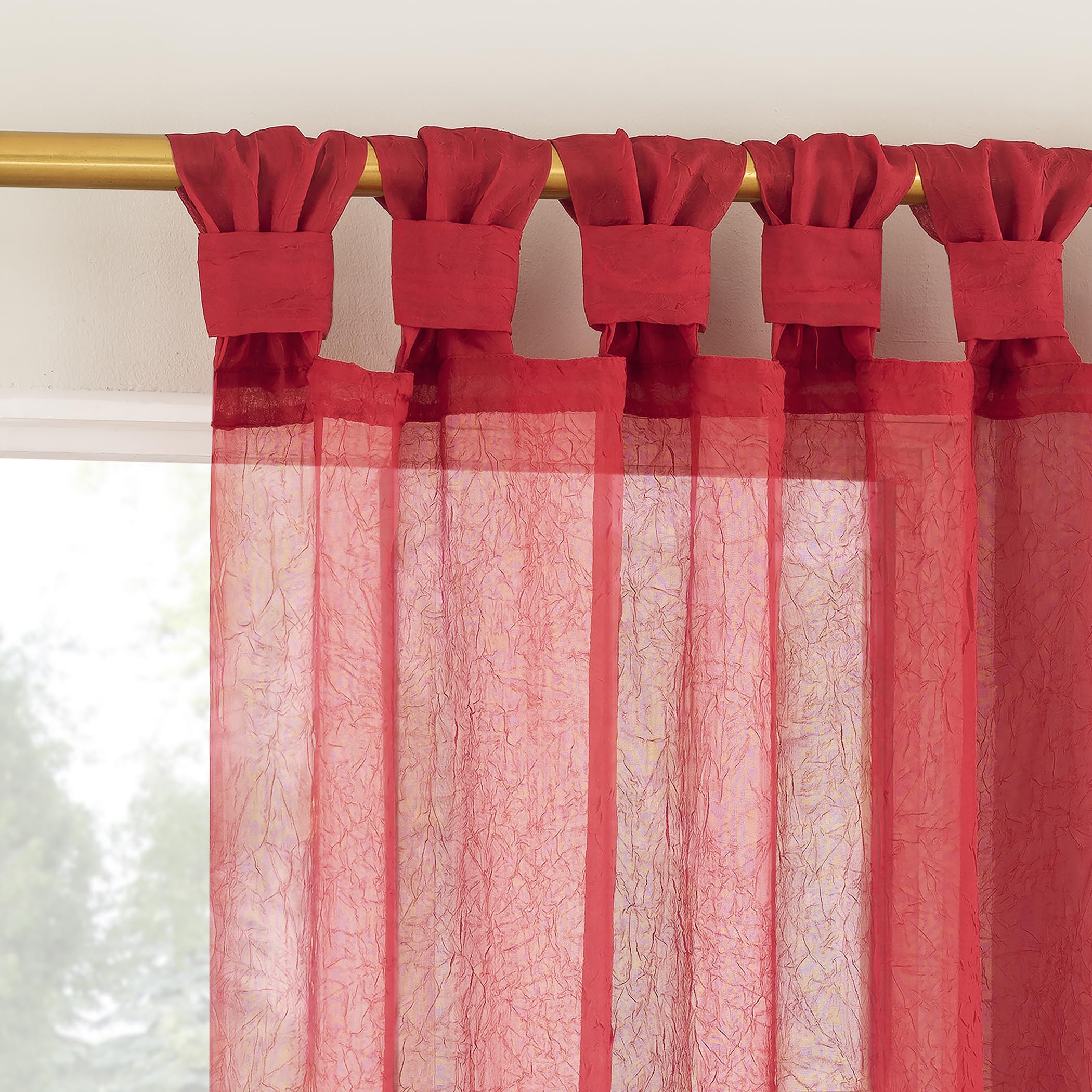 No. 918 Margaret 2-Pack Holiday Twist Tab Crushed Texture Sheer Tab Top Curtain Panel Pair, 51 x 63, Holiday Red