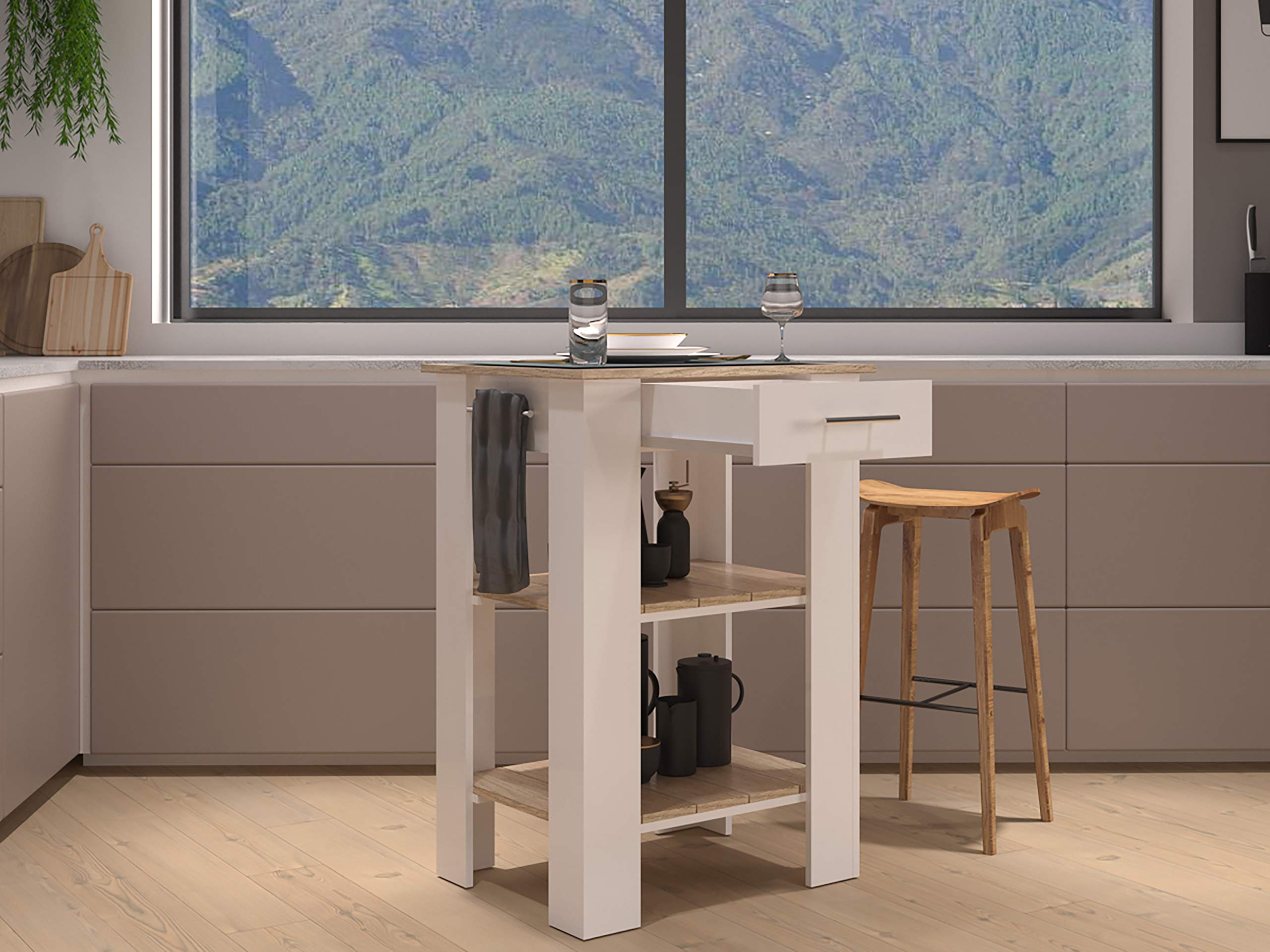 Delos 23 Kitchen Island with Drawer, Towel Rack, and 2 Open Shelves, White/Light Oak