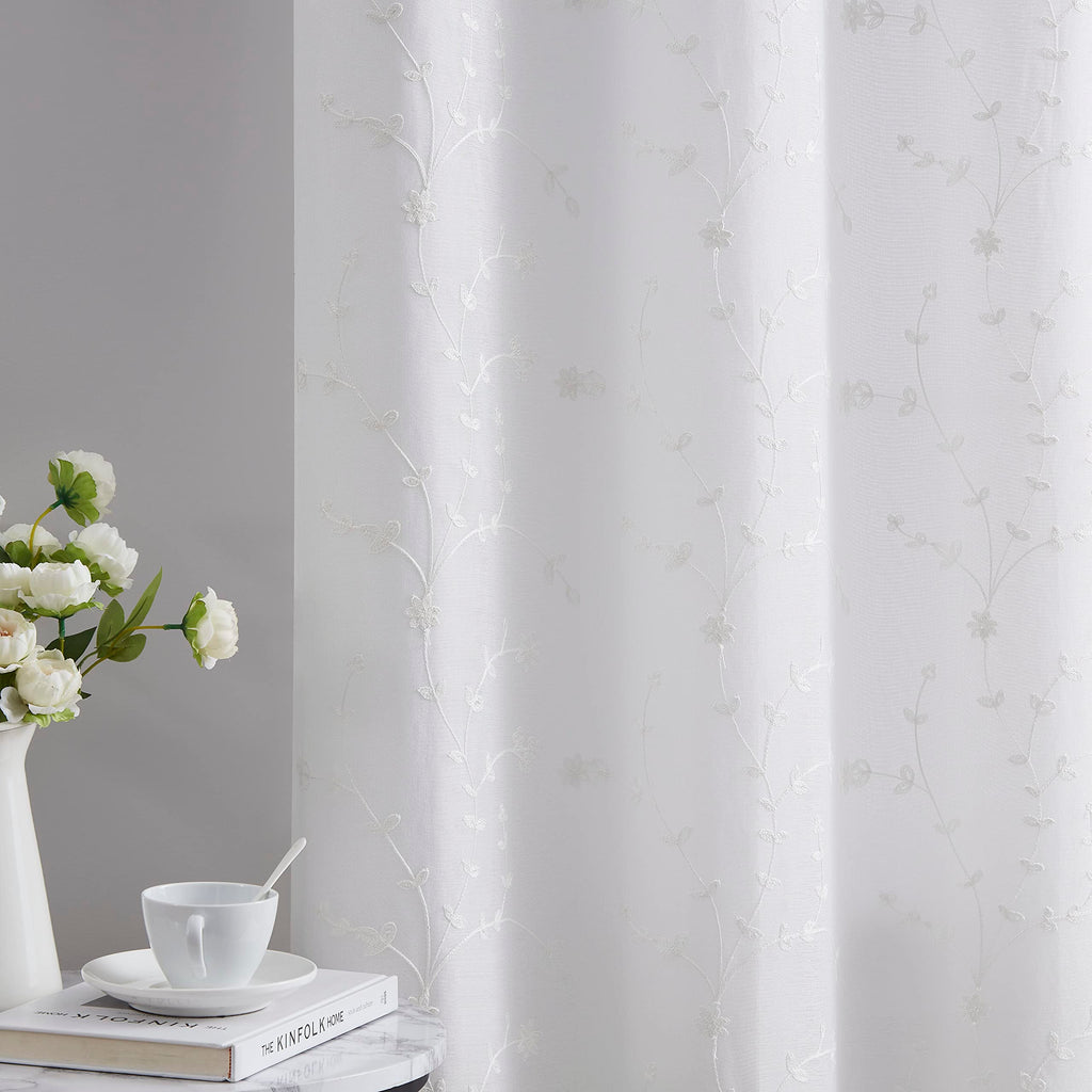 Bujasso White Floral Semi Sheer Curtains 84 Inch Embroidered Leaf Patterned Window Curtain Panels With Lined Privacy Farmhouse L