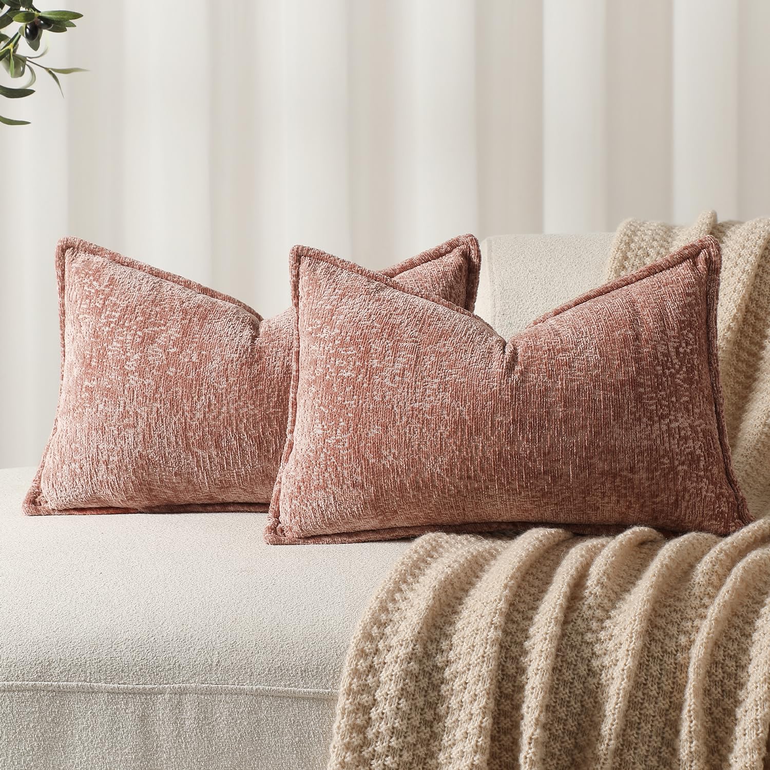 Dezene Pack Of 2 Pink Decorative Throw Pillow Covers 12X20 Cozy Soft Chenille Boho Accent Vintage Farmhouse Rectangular Lumbar C