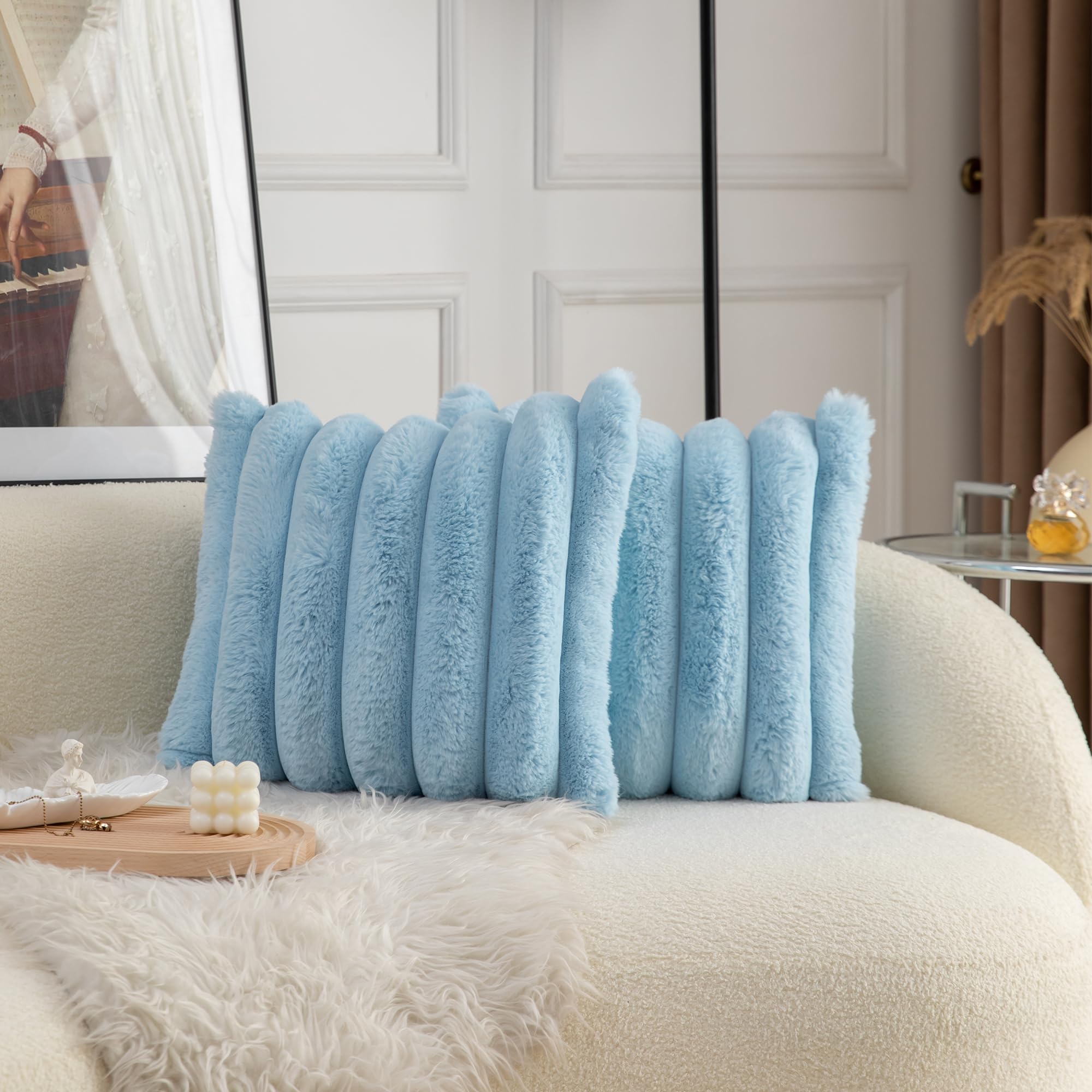 Neelvin Brown Faux Fur Cozy Soft Plaid Decorative Throw Pillow Covers 18X18 Inch Set Of 2,Velvet Pillowcase Cushion Case For Sof