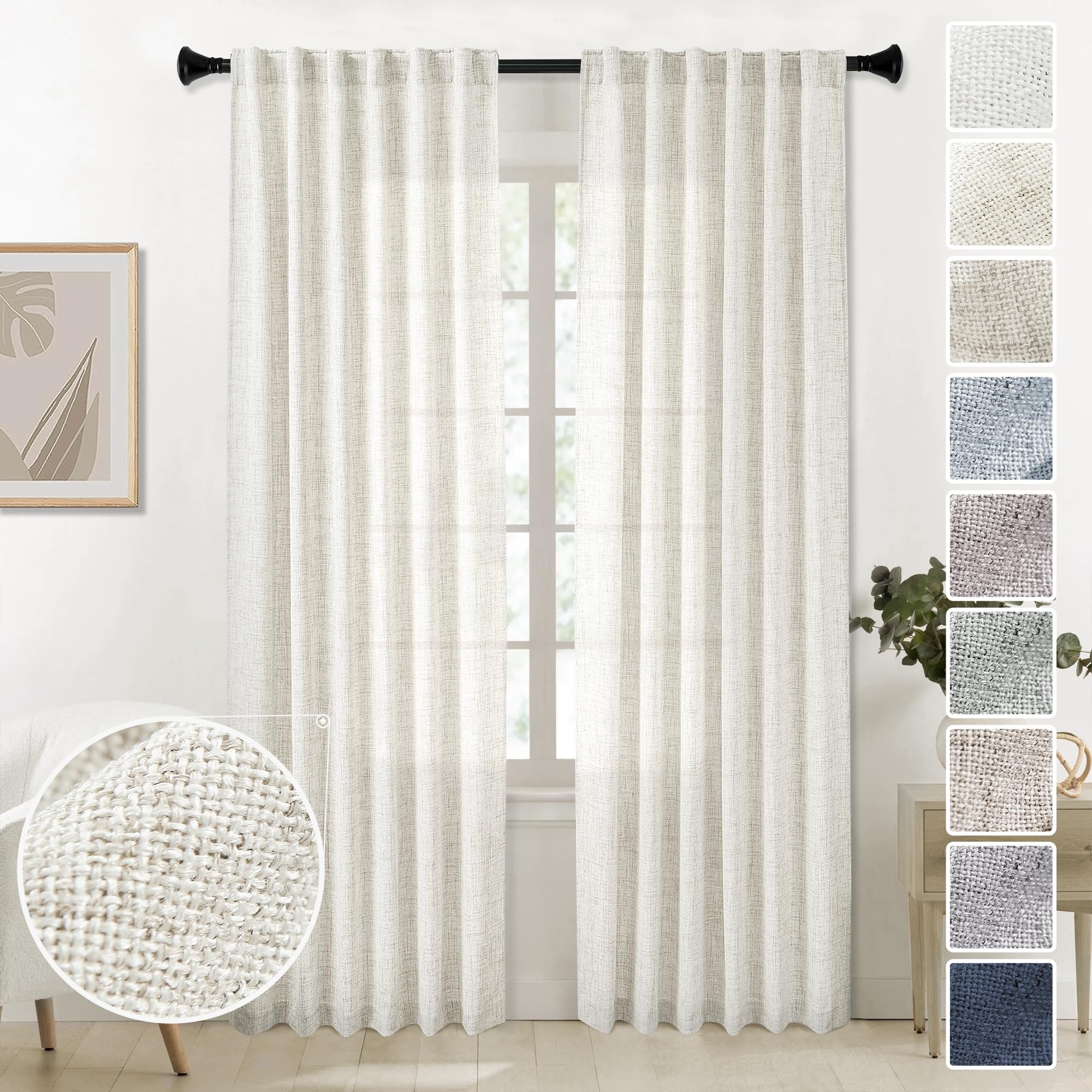 MEETBILY Natural Linen Back Tab Curtains 92 inch Long 2 Panels Set for Living Room Semi Sheer Light Filtering Window Drape Neutr