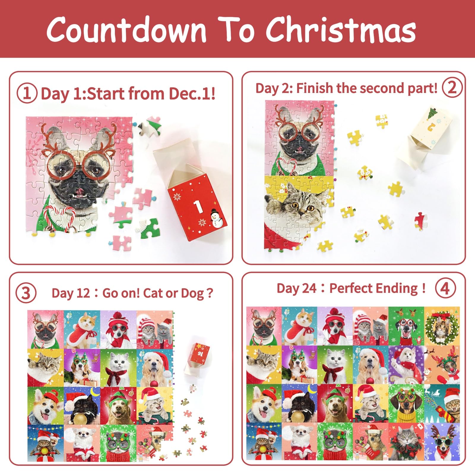 Advent Calendar 2024 Christmas Jigsaw Puzzles, Christmas Dogs & Cats Christmas Holiday Puzzle For Kids Adults 24 Boxs 1008 Piece